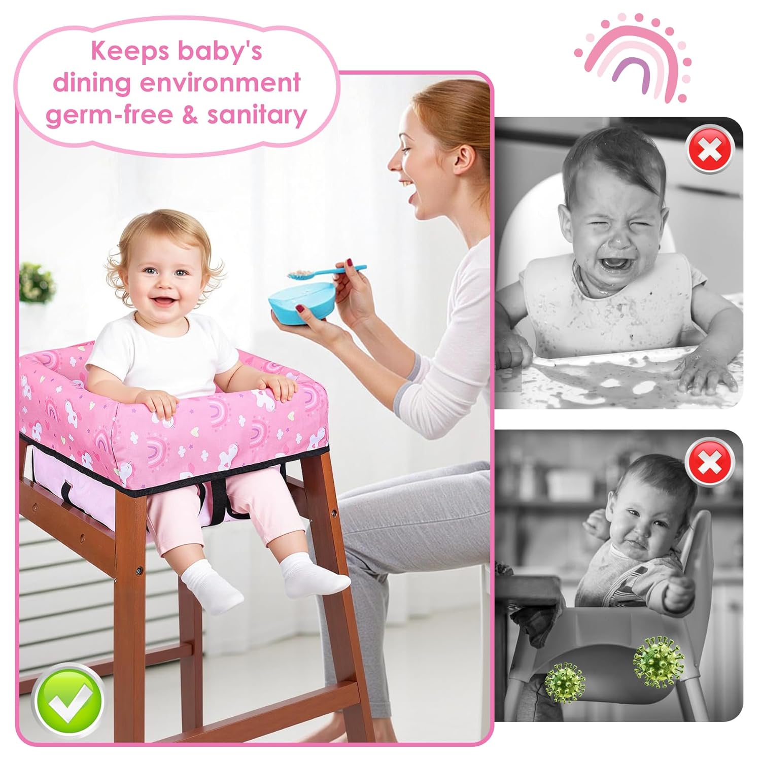High Chair Cover, Baby High Chair Cover for Restaurants, Waterproof Portable Highchair Covers with 3-Point Harness for Eating, Travel, Home, Machine Washable, Fits Wooden Chairs (Pink)