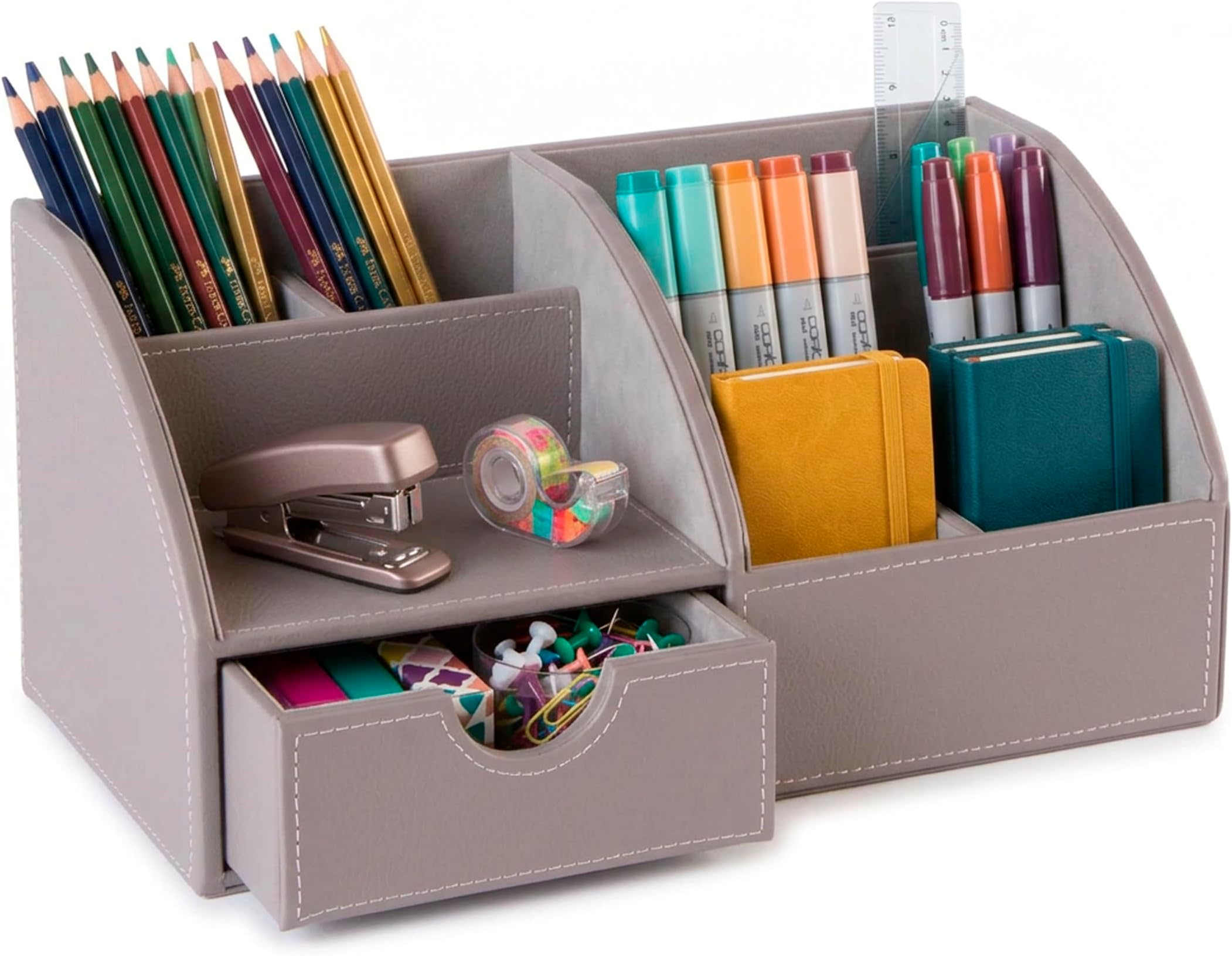 OSCO Faux Leather Desk Organiser with Drawer, 8-Compartment Stationery Caddy, Pen & Pencil Holder, Desktop Makeup or Office Storage Box, Grey