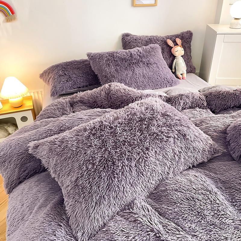 Miniatura 7 de Roscloud Juego de edredón de piel sintética color morado colorido tamaño King, juego de cama de 3 piezas, ultra cálido, suave, agradable a la piel,