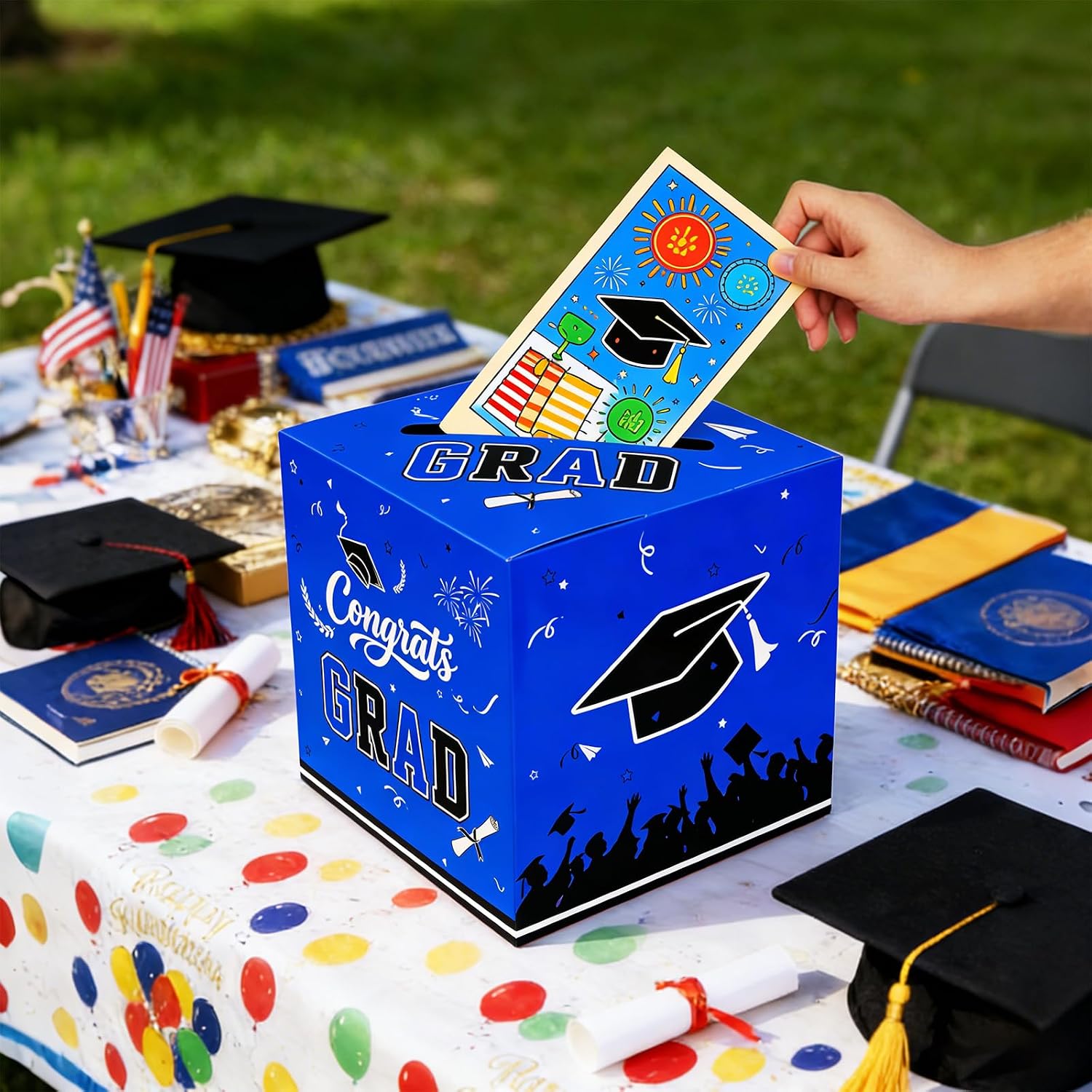 Graduation Decorations 2026, Large Graduation Card Box Holder for Graduation Party, Blue Congrats Grad Gift Cardboard for Class of 2026 High School Masters College Grad Party Decor Favors, 9.45 Inch