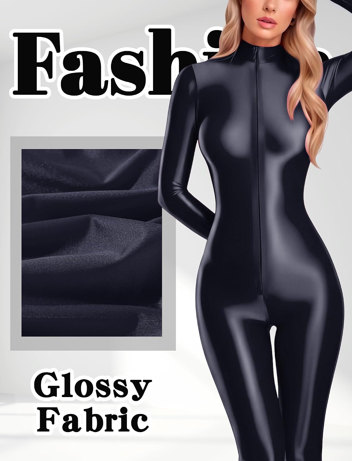 FEOYA Women's Oil Shiny Glossy Long Sleeve Catsuit Zipper Jumpsuits Stretchy Full Body Satin Smooth Zipper Bodysuit