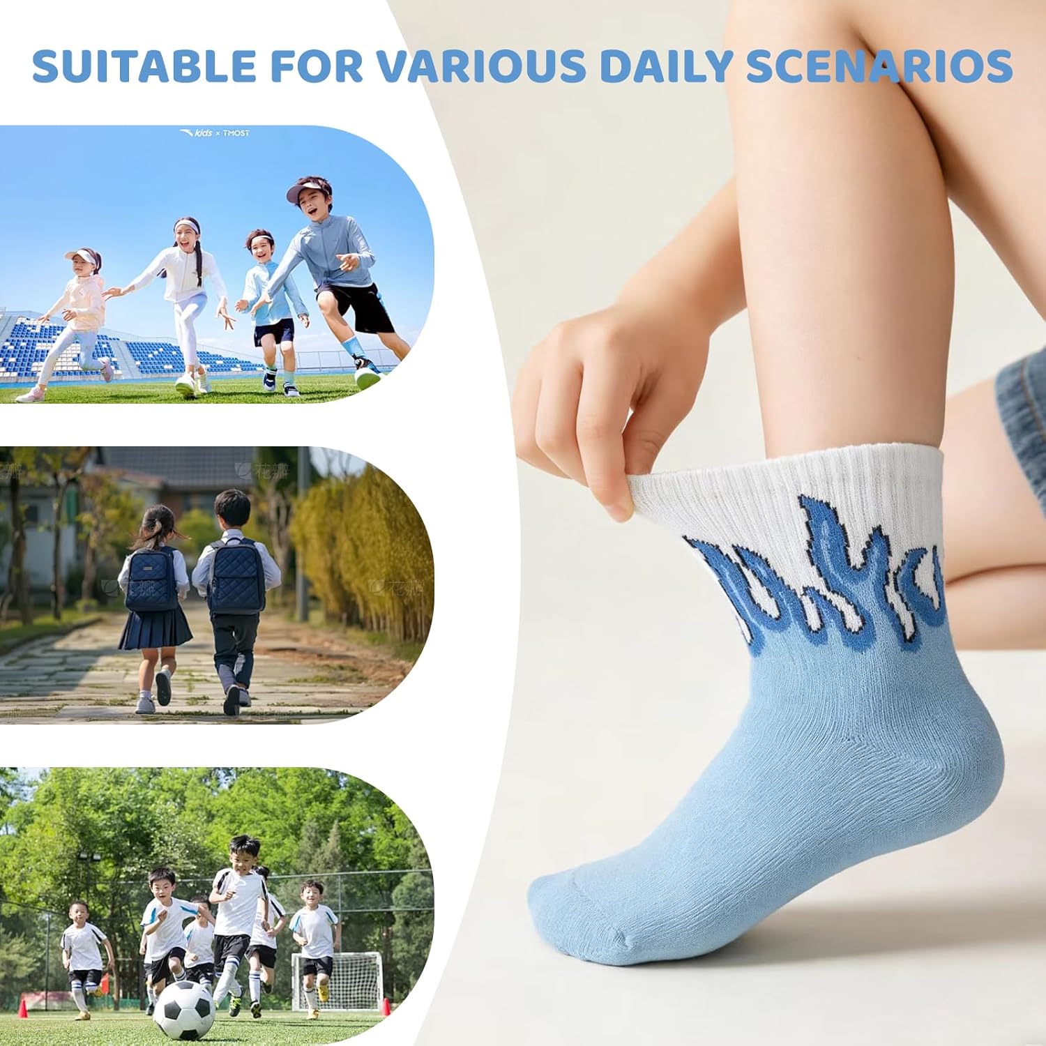 Kids' Flame Jacquard Crew Socks, Multicolor, Breathable, for Outdoor Sports, 5-Pair Set