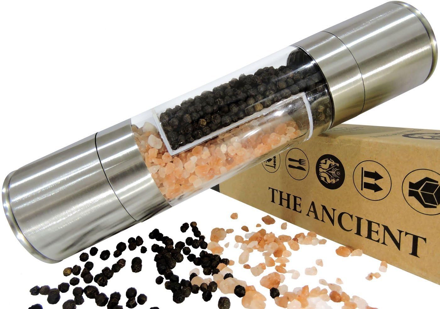 The Ancient Salt and Pepper Grinder Set - Professional Two in One Stainless Steel Mill - Grind from Coarse to Fine in 2 Seconds