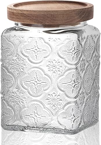Tarro decorativo de vidrio vintage para encimera de cocina, tarro de almacenamiento hermético con tapa de madera, para galletas, dulces, granos de