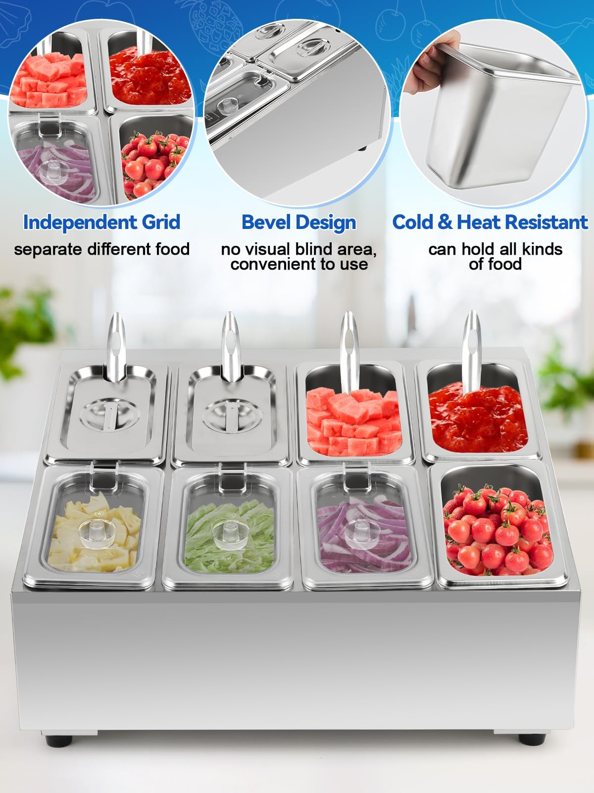 TOROKOM Contenitore per pizza, in acciaio inox, con coperchio, cucchiai, supporto inclinato per buffet, salse, marmellate, frutta, ingredienti da cucina (2 file e 8 padelle)