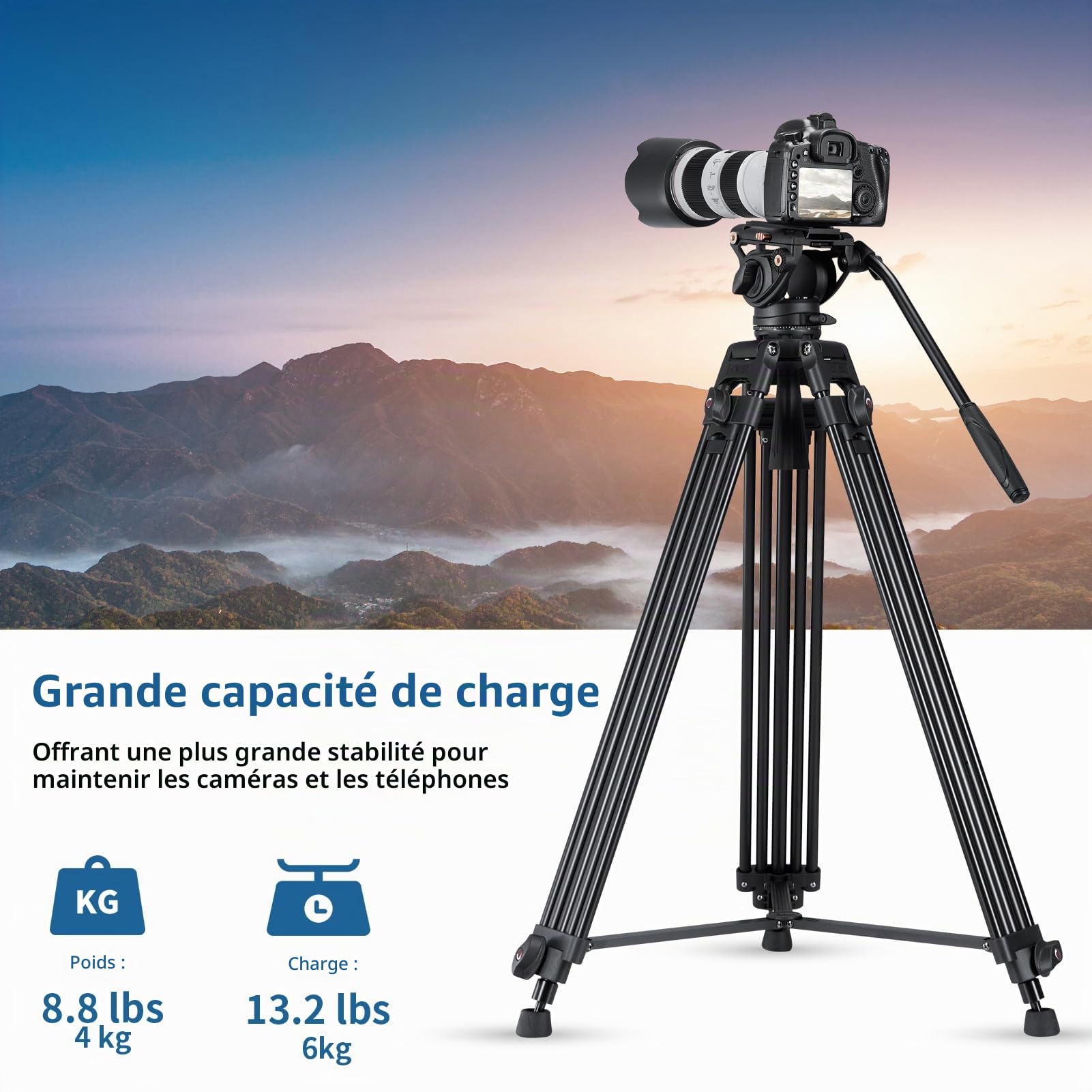 Cayer Trépied vidéo Robuste, 64 Pouces BV30-Caméscope Trépied en Aluminium, Tête Fluide K3, Écarteur de Niveau intermédiaire, Charge maximale 13,2 LB, Prise de Vue DSLR