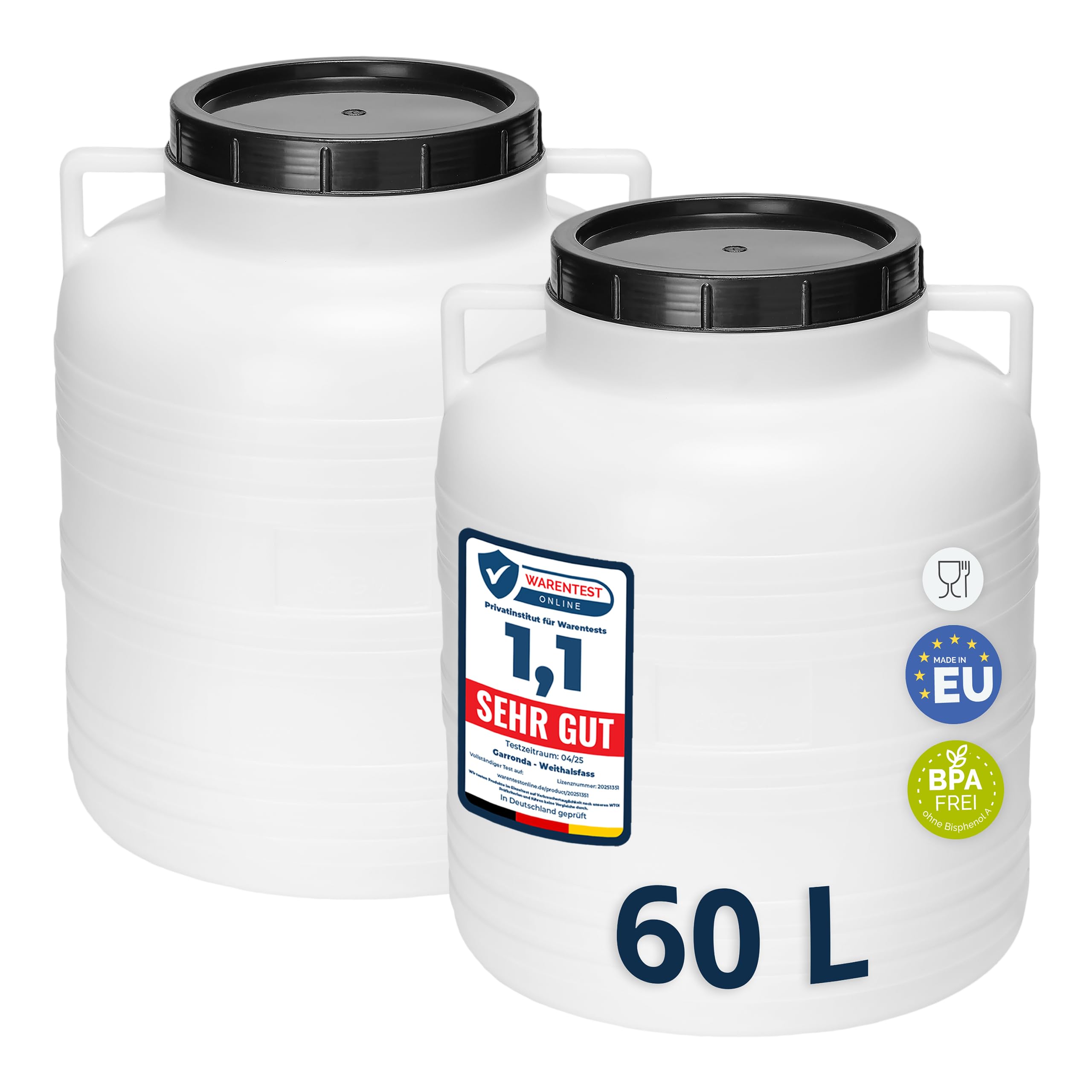 Garronda Set 2X 60 Liter BPA-freies Fass und Futtertonne Weithalsfass Wassertank und Behälter mit Deckel für Sauerkraut sowie Surfass Pökelfass für Fleisch GD-0132 Weiß