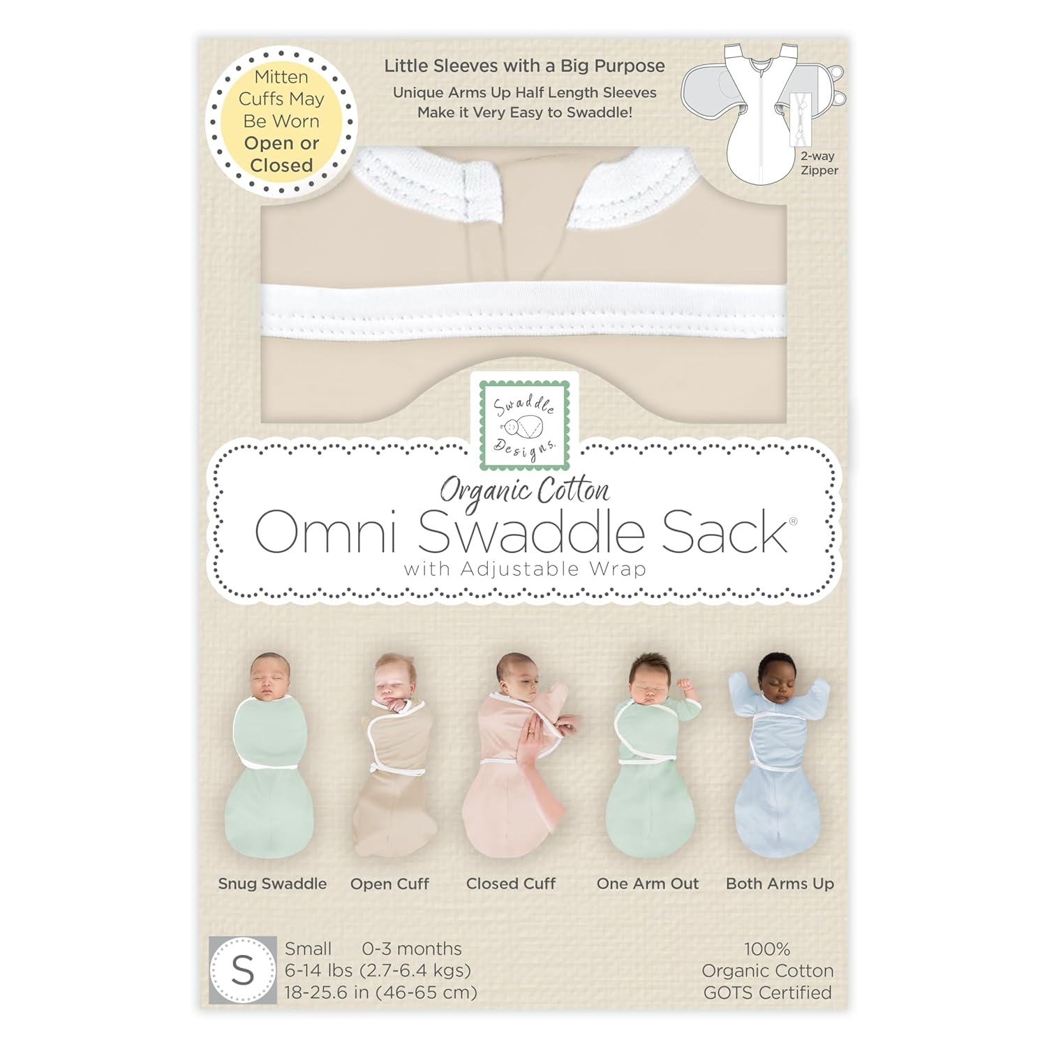 SwaddleDesigns Organic 6-Way Omni Swaddle Sack, Arms Up Swaddle for Newborn, More Options to Calm Startle Reflex, Improves Sleep, Small, 0-3 mo, 6-14 lbs, Sand Dollar