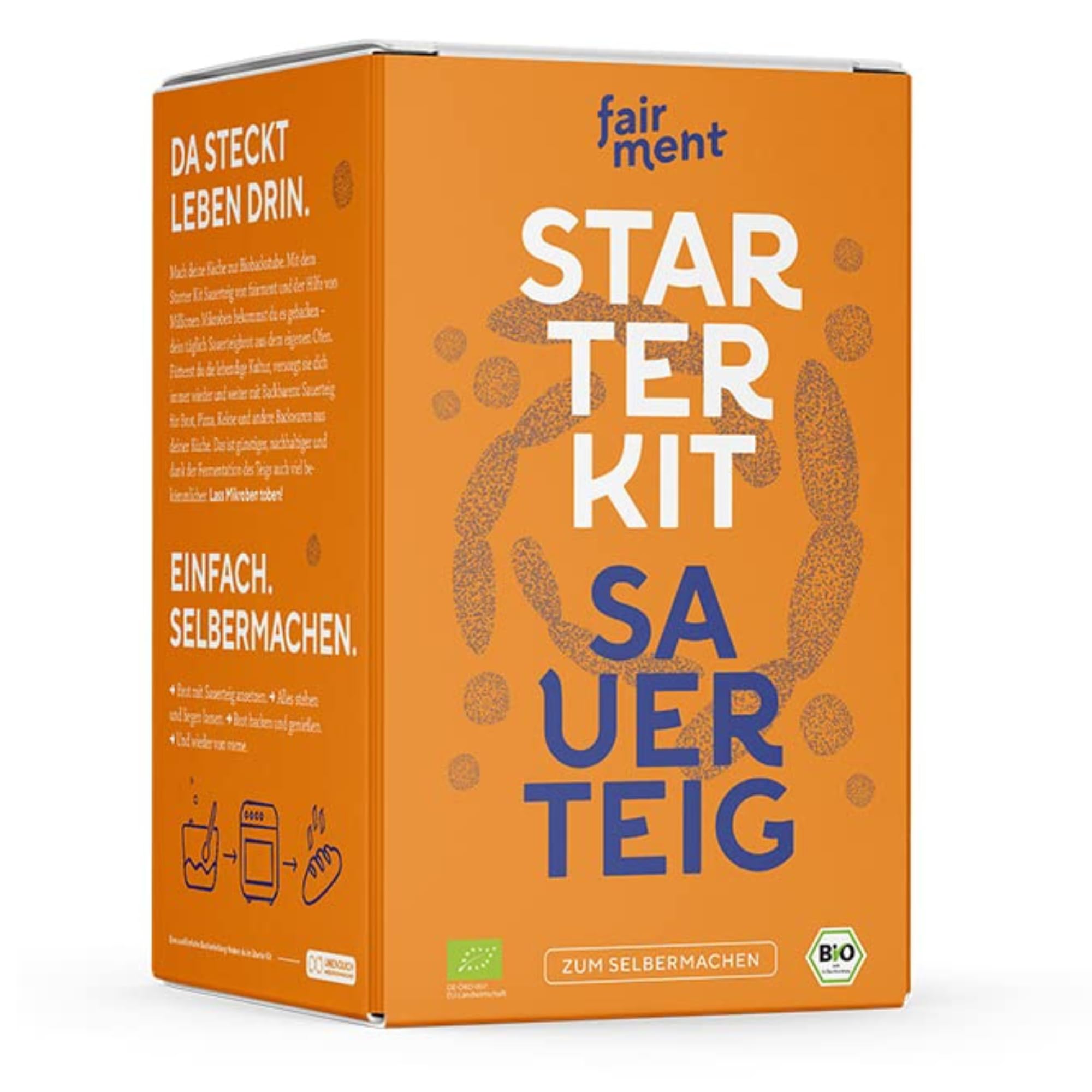 Sauerteig Starter Kit von fairment - Sauerteigbrot selber backen, inkl. Roggensauerteig Anstellgut (vegan, bio), Gärkörbchen, Teigschaber, Gärglas mit 473ml Fassungsvermögen, Rezept