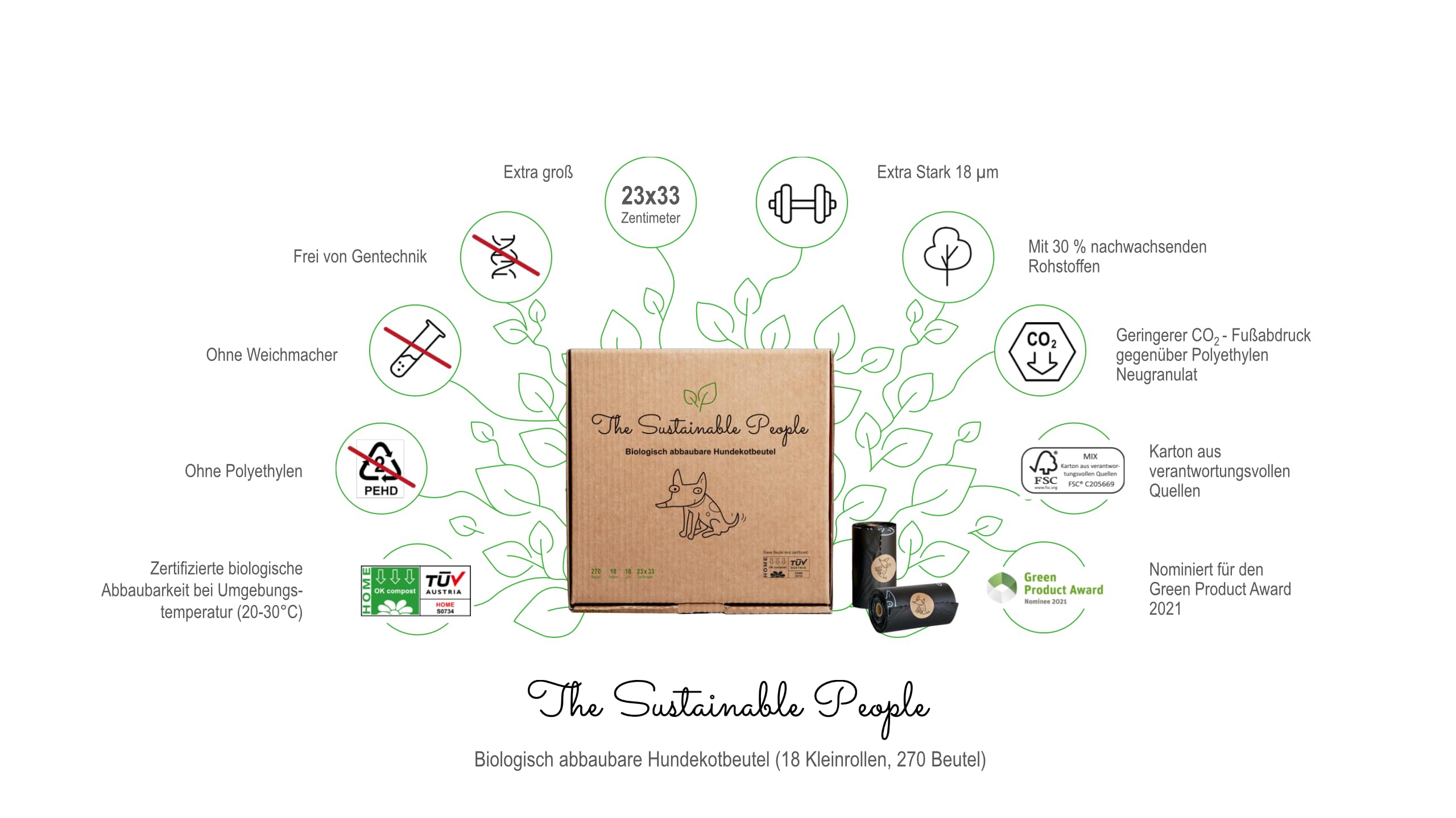 TSP biodegradowalna torba na psie odchody - certyfikat OK compost HOME - w 100% kompostowalna w domu i biodegradowalna - duża, ekstra gruba (18 µm), bezpieczna i odporna na wilgoć
