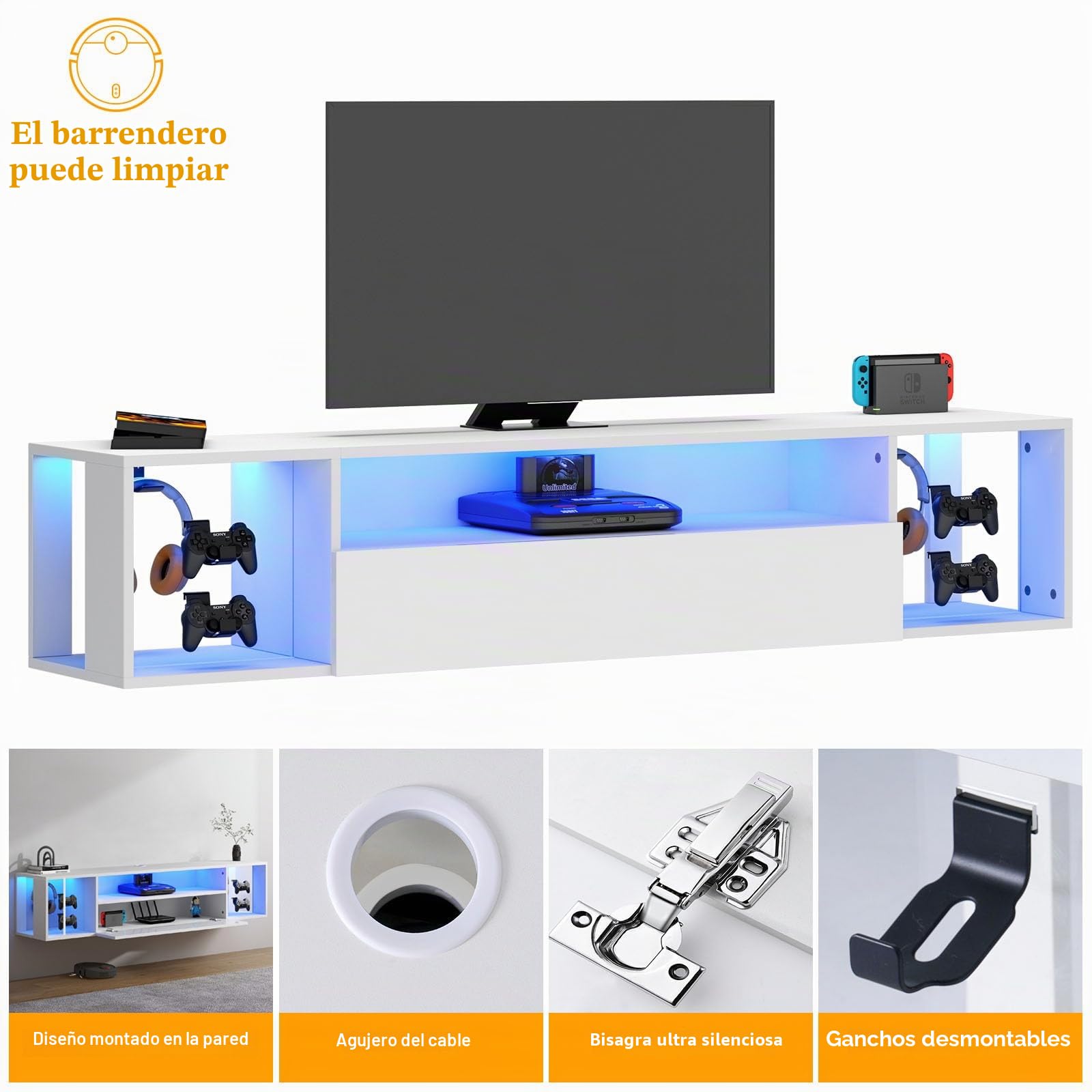 DlandHome - Mueble de TV flotante con luces LED, 140 cm, soporte para TV colgante brillante con almacenamiento estante, banco de TV, pared flotante, consola multimedia con ganchos para mandos y gancho