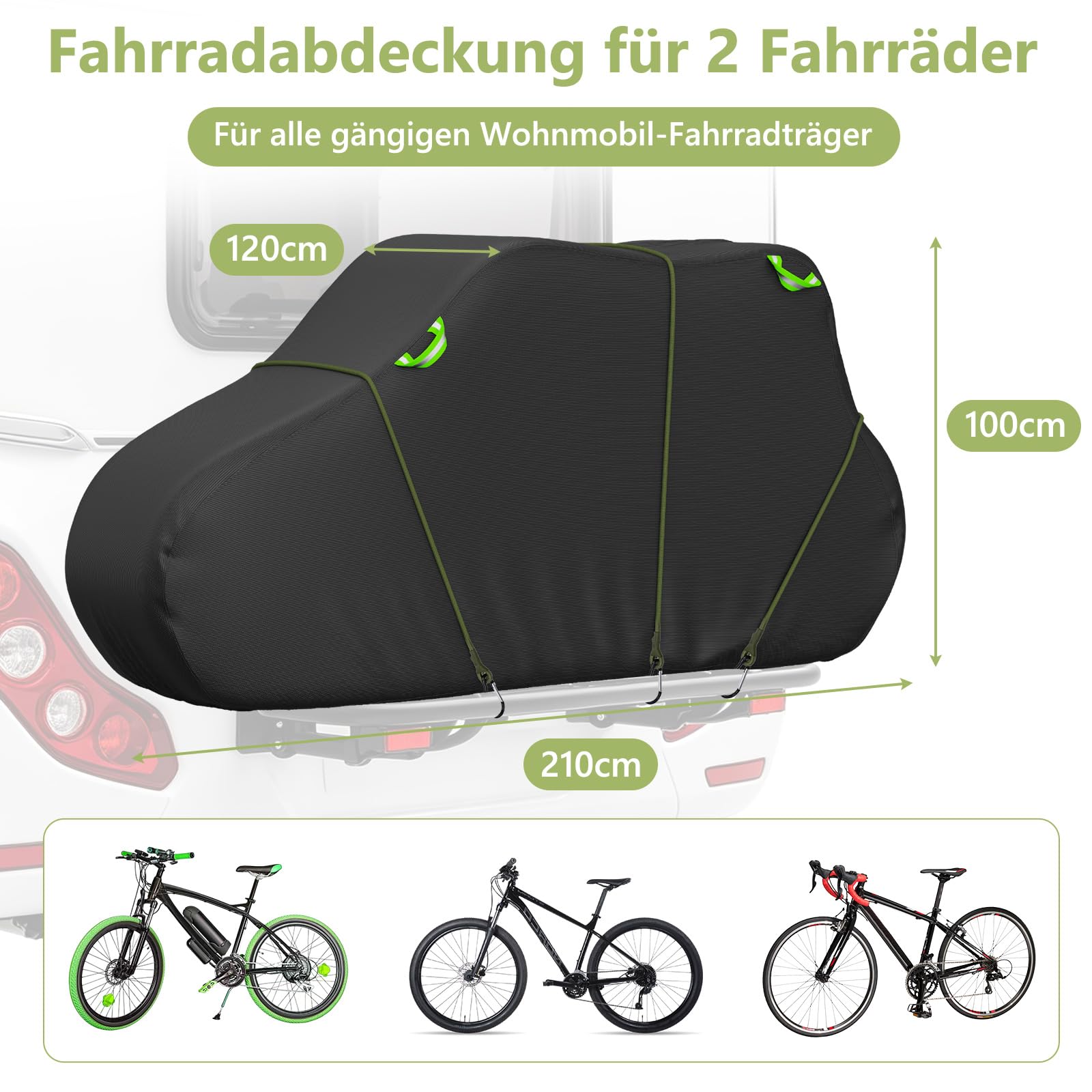Uniwersalna plandeka transportowa na rower 210 x 120 x 100 cm na 2-3 koła – ciężka, wodoszczelna plandeka z regulowanymi klamrami, 3 pasy mocujące (1,5 m) – idealna do samochodów kempingowych