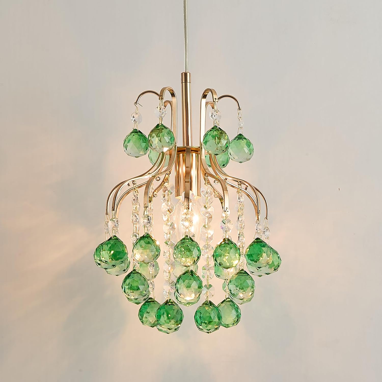 Surpars House Elegant Mini Chandelier Flush Mount Crystal Pendant Light,Golden (Green Shade)