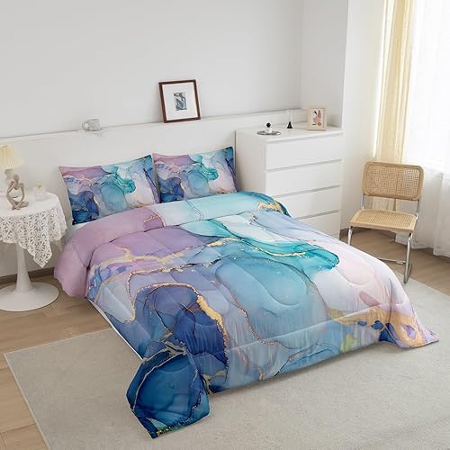 Miniatura 2 de Erosebridal Juego de edredón de color rosa y azul dorado, ropa de cama de mármol colorido para jóvenes, juegos de edredón con textura de mármol con