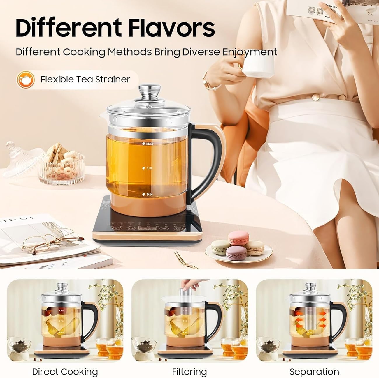 Tea Pot Kettle Electric, Water Heater Kettle Glass, 1.8L Kettles & Tea Machines, Water Boiler for Tea, Coffee with Temperature Control ＆ Steamed Eggs Holder(White)