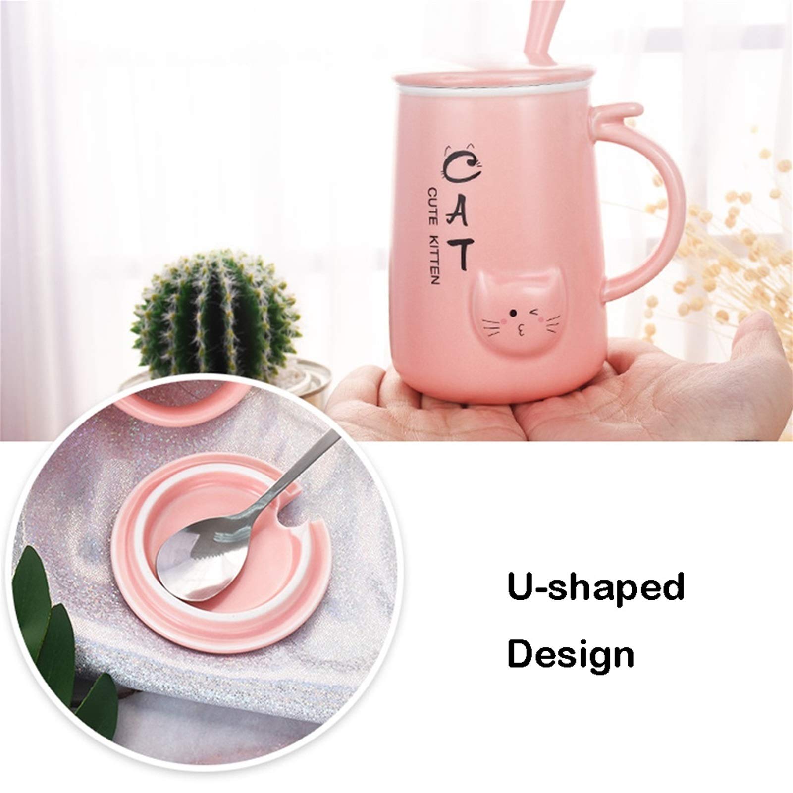 Taza de café, Taza de té, Taza de café de cerámica con Tapa y Cuchara, Hermosa Taza en Forma de Gato 3D, Tazas de Agua/té/Leche, Oficina en casa (Azul)