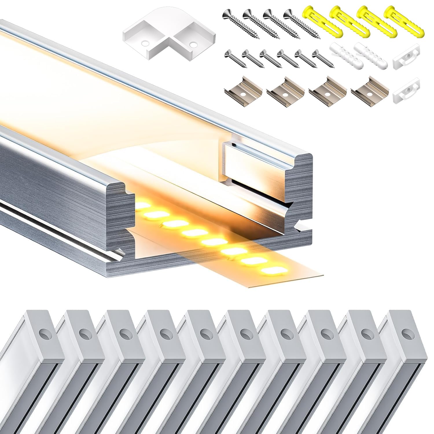 Perfil de aluminio LED, 10 x 2 m (20 m) para tiras LED de hasta 12 mm con difusor blanco leche, puntas y clips de montaje de metal