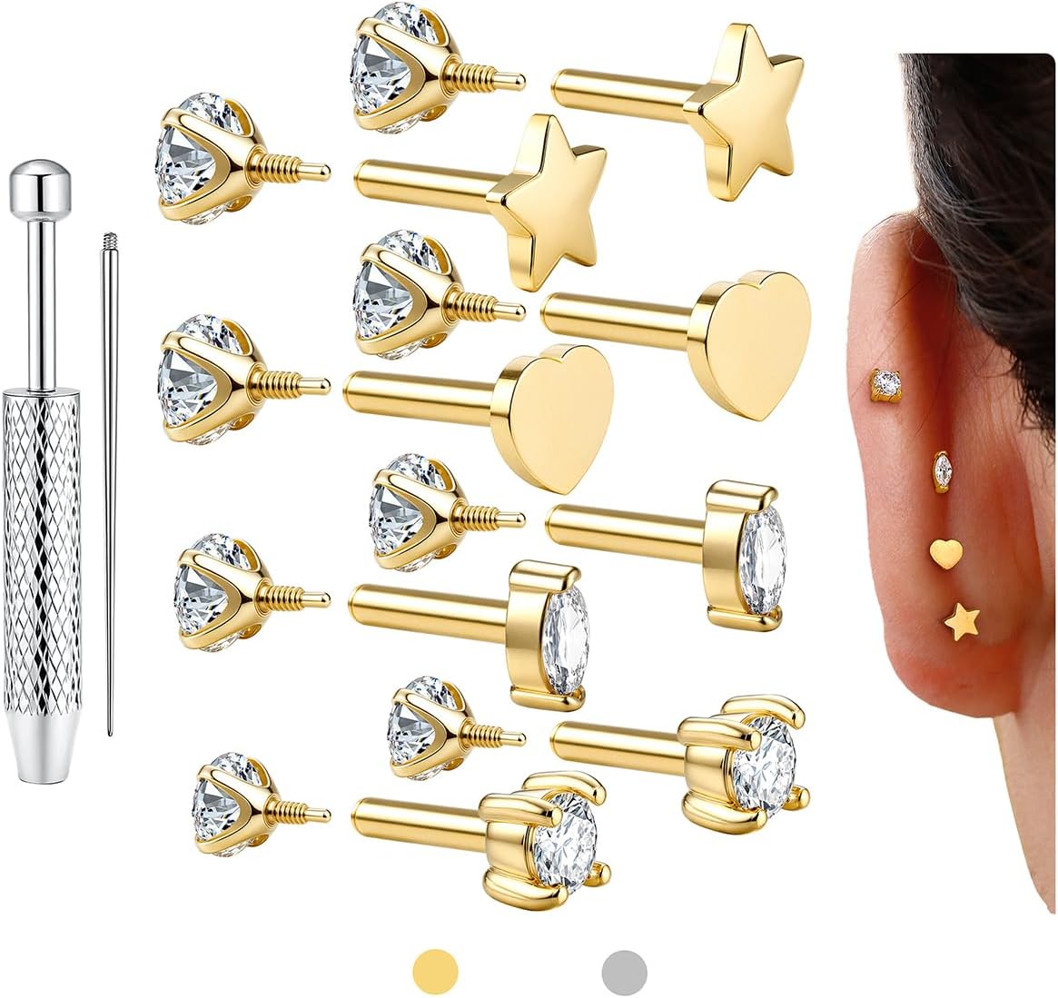 GEMQUEEN Reversible Flat Back Earrings Studs Hypoallergenic - 14K Gold Filled Surgical Steel Earring 18G Cartilage Helix Tragus Conch Piercing Jewelry Extended Internal Thread Earrings for Women Men