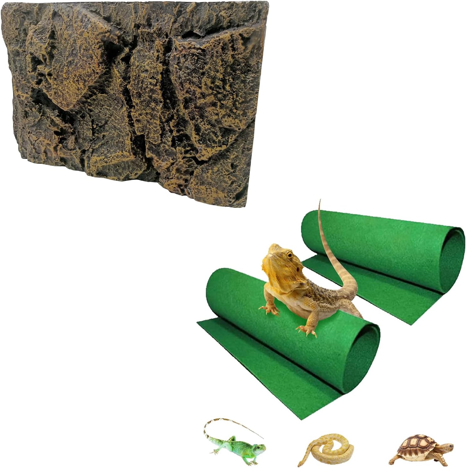 Tfwadmx Rock Terrarium Background (18" L*11" W*1" H) &2 Pack Reptile Carpet (24" L*16" W)