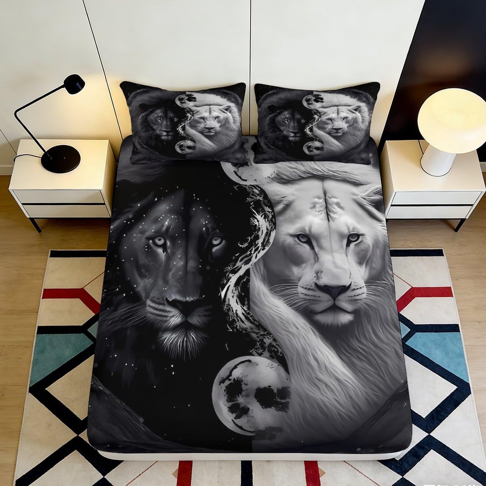 Jqzkxnhpbr Style-2 3D Printed Lion King Fitted Sheet Microfiber Soft Black White Wild Animal Bed Cover For Bedroom Dorm Decor 90X200x25cm