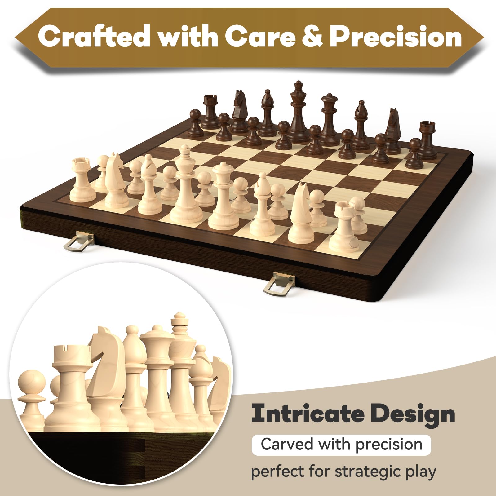15" Wooden Folding Chess & Checkers Set - 2 in 1 Board Game with 3" King Staunton Pieces and 2 Extra Ladies (Vintage) - Image 2