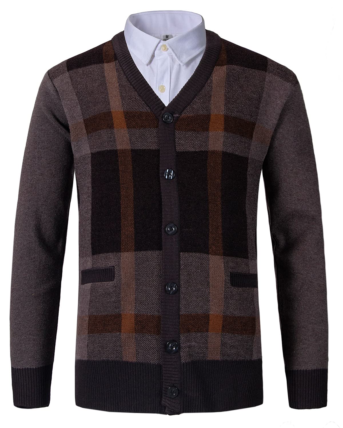 KTWOLEN Mens Cardigans with Buttons Classic V-Neck Sweater Checkered Jumpers Thick Winter Knitted Cardigans with Pockets