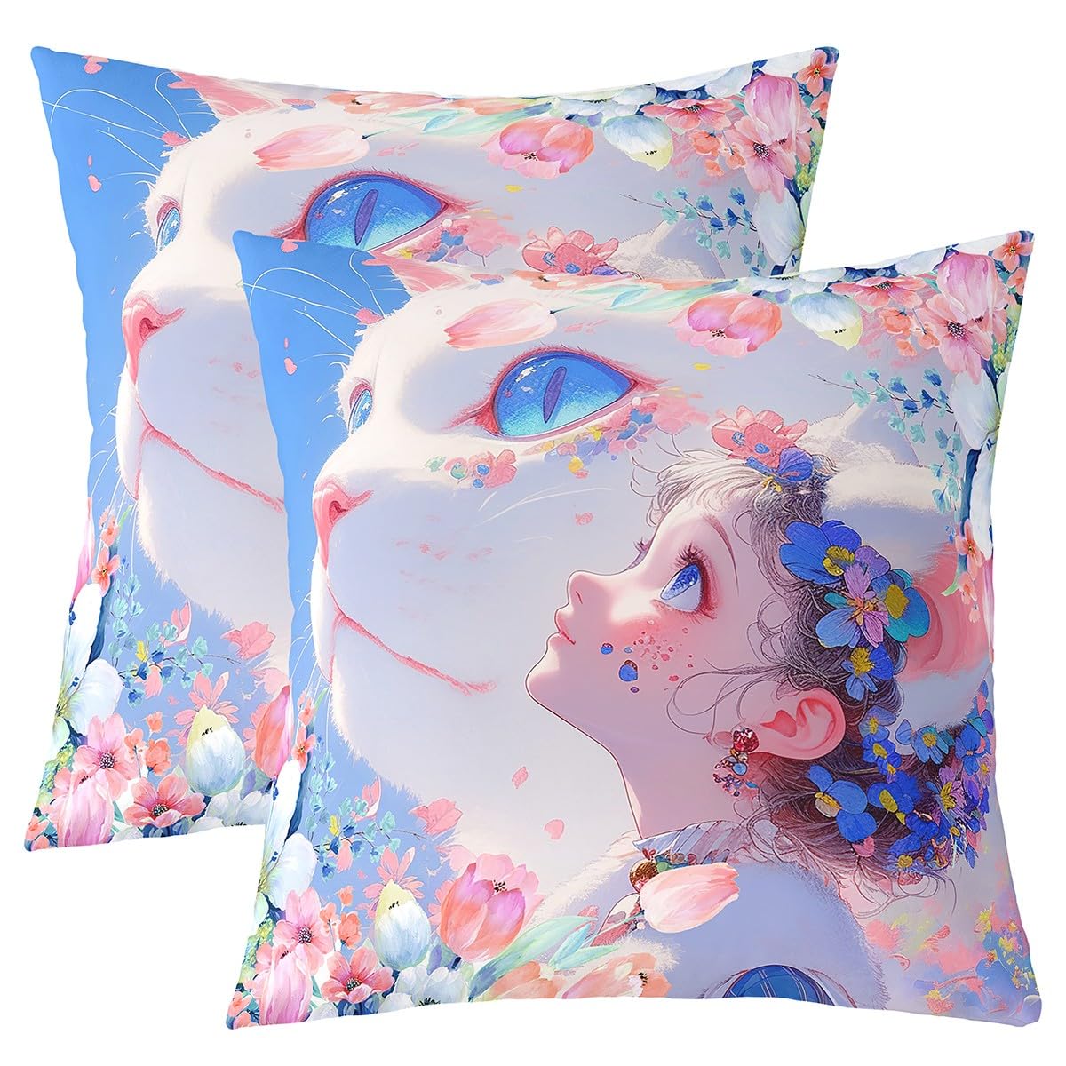 Loussiesd Cute Girl Reversible Throw Pillow Covers 55x55cm Kawaii Cat Animals Square Cushion Covers Set of 2 Set For Boys Teens Decor Fancy Floral Botanical Pillow Covers Home Decor Cute Cat