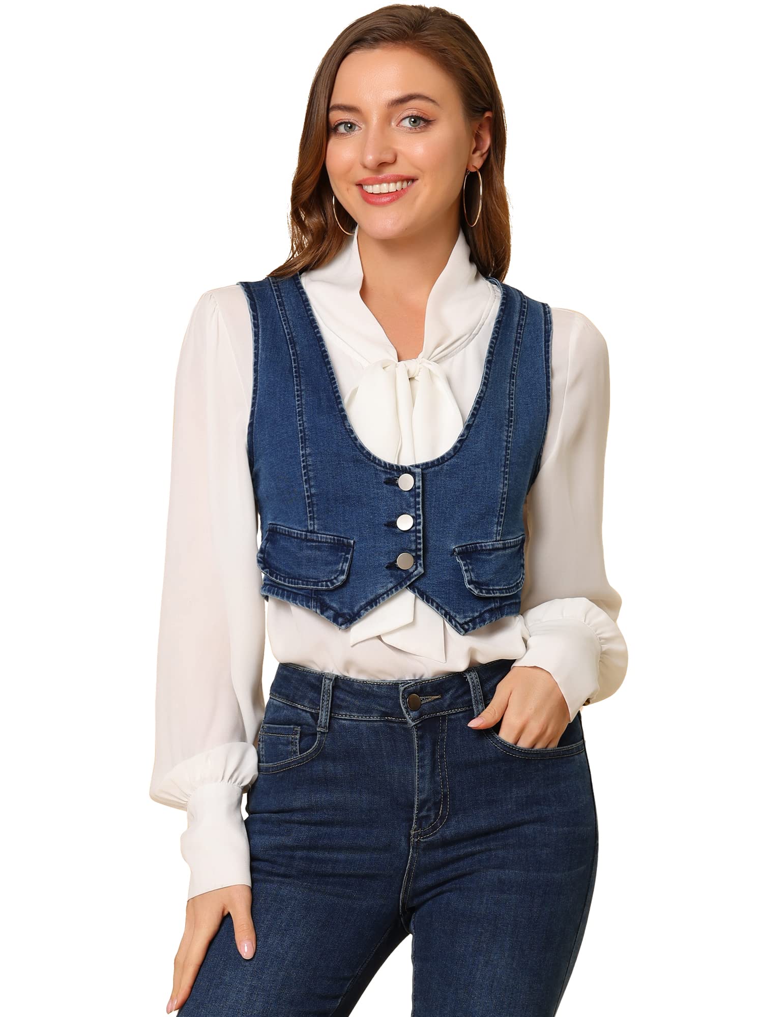 Allegra K Womens Denim Vest Vintage Button Up Sleeveless Crop Jean Vest Waistcoat
