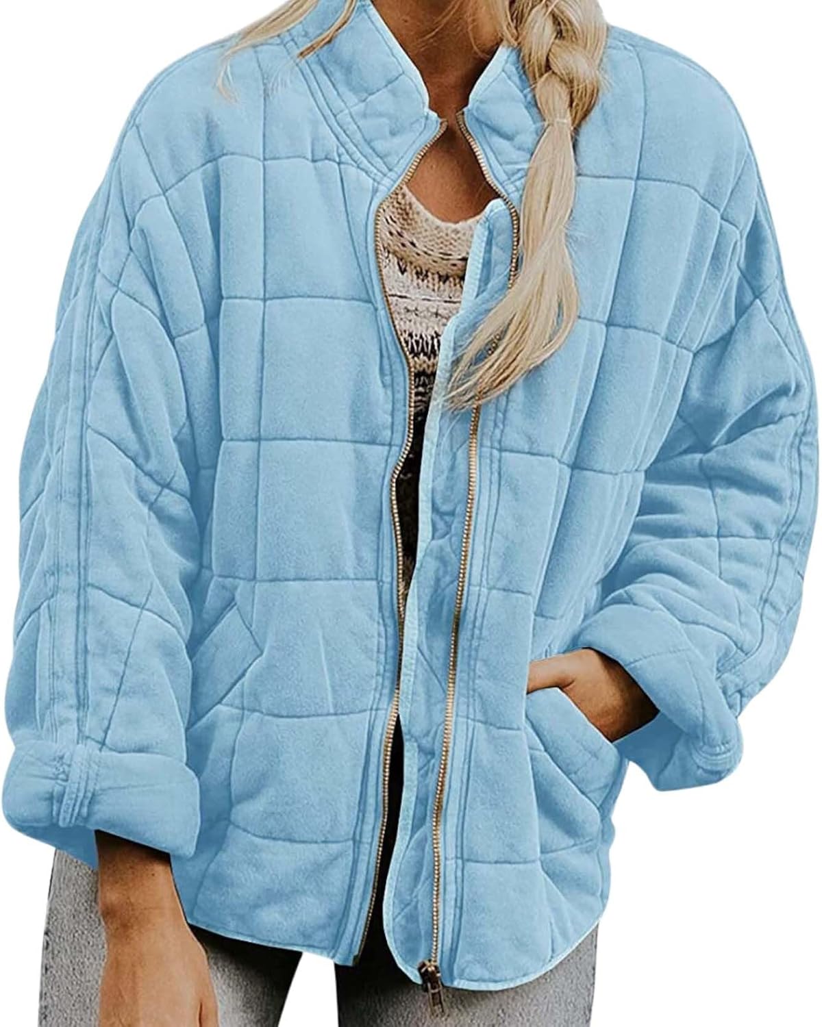 Womens Funky Casual Lightweight Stand Up Collar Long Sleeve Oversized Zipper Jacket With Warm Outer Pockets
