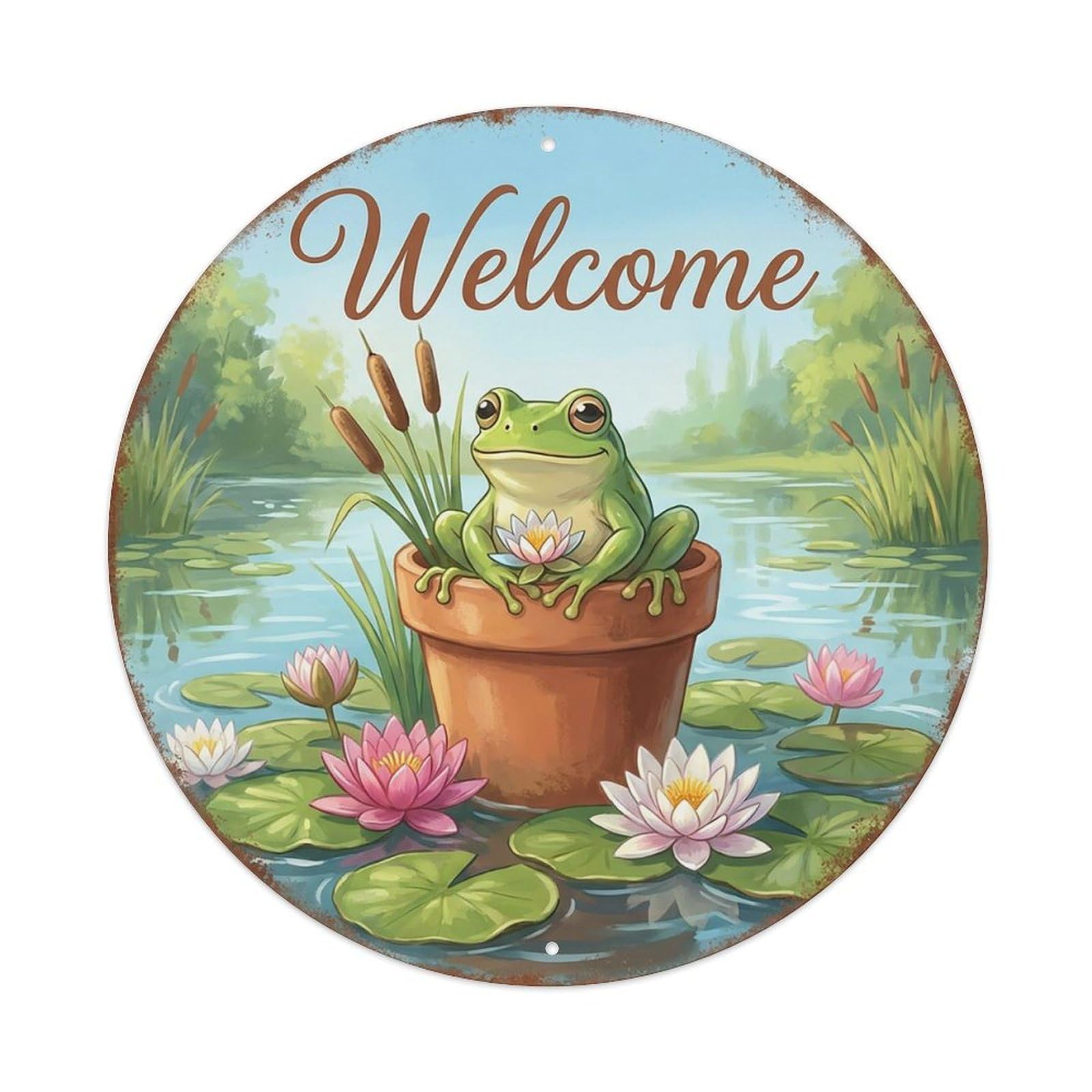 Welcome Frog Lily Pond Vintage Metal Tin Sign Plaque Wall Decor for Cafe, Club Bar, Office, Garden Metal Poster 8x8Inch