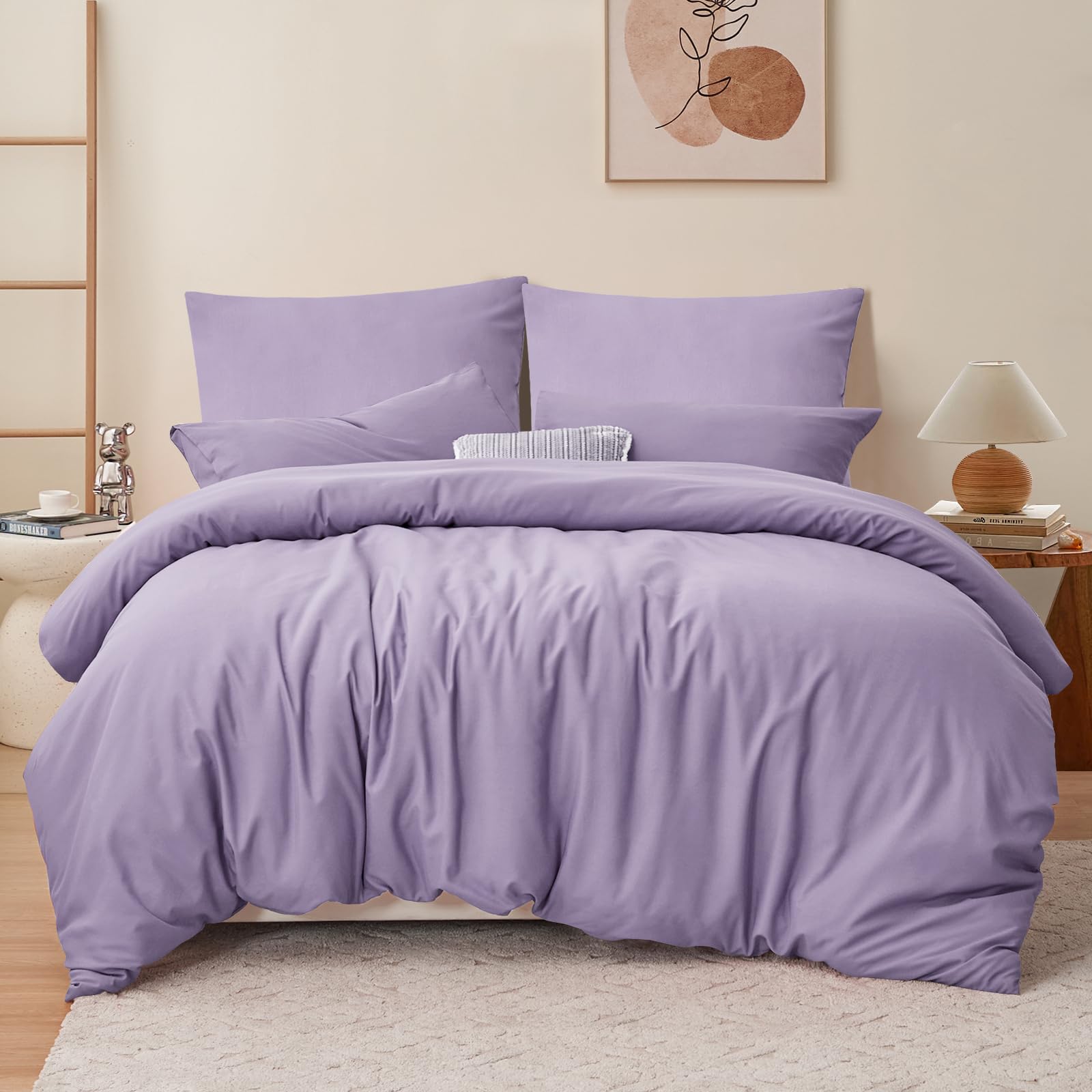 RUIKASI Beddengoed, 200 x 220 cm, beige/wit, 3-delig, omkeerbaar dekbedovertrek, 200 x 220 cm, met ritssluiting, Oeko-Tex microvezel, beddengoedset, zacht en strijkvrij