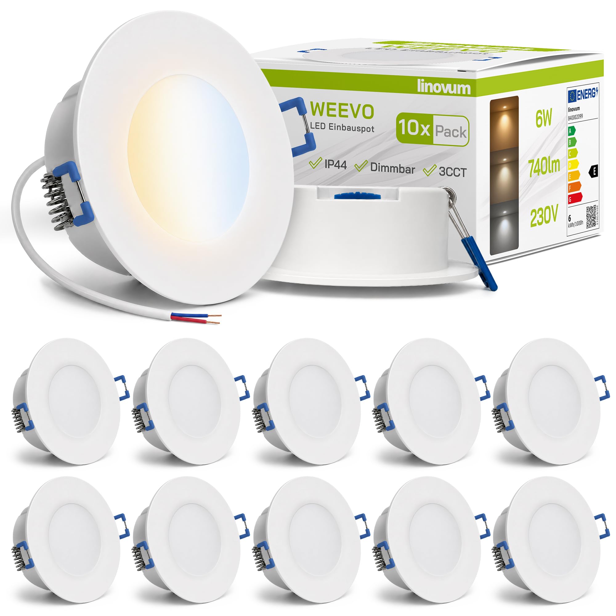 linovum 10x WEEVO LED Einbauspot IP44 230V - LumiFLEX 6W 3 Lichtfarben dimmbar - flacher Deckenstrahler für Bad und geschützte Außenbereiche