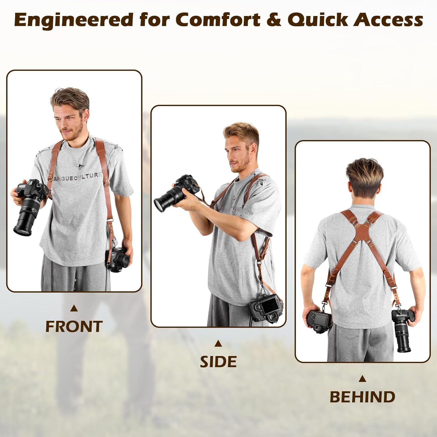 Quick Release Dual Camera Harness - Ergonomic Cross-Back Leather Strap for Two DSLR/SLR Cameras, Professional Photographer Gift for Weddings & Travel (Brown)