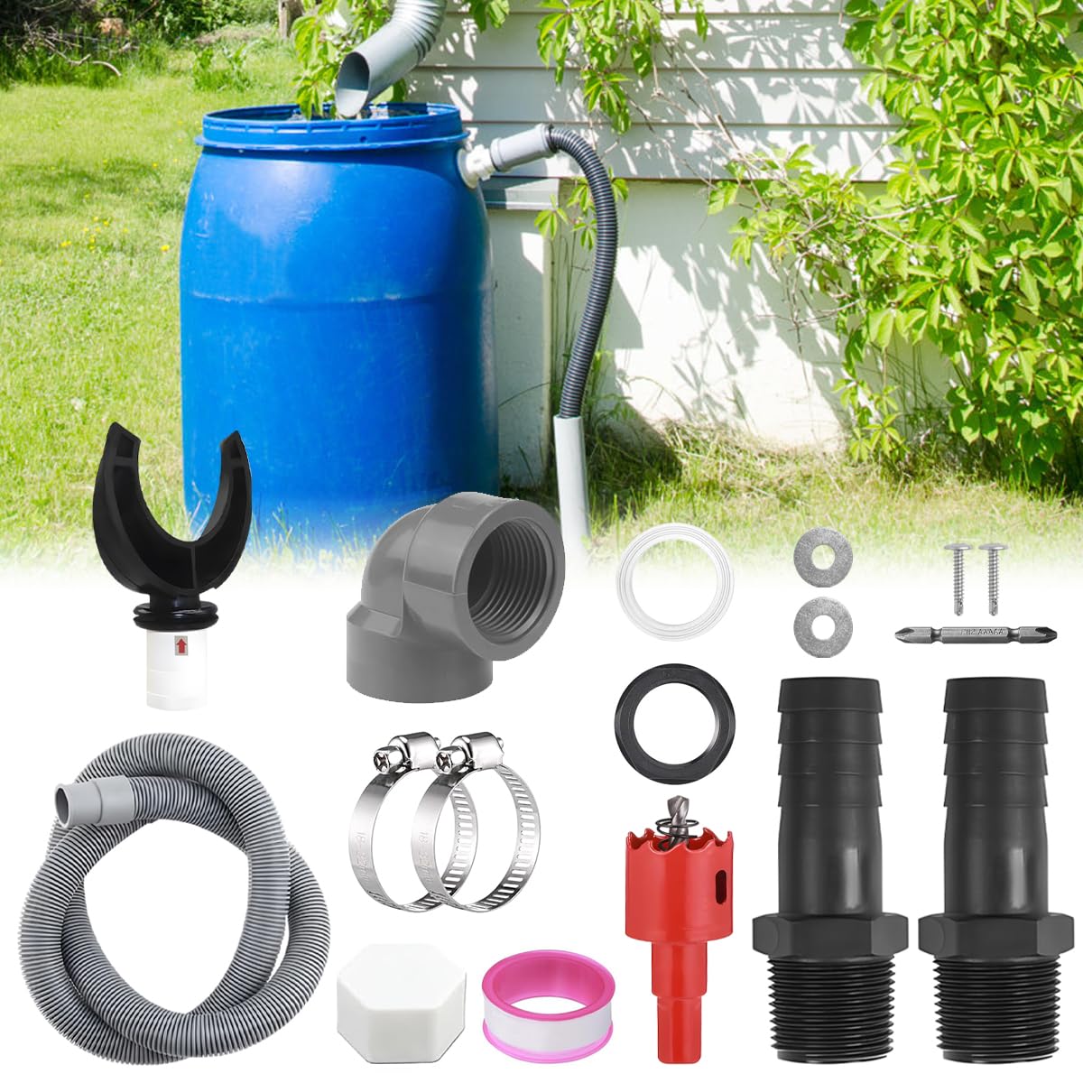 ICANSET 4 Set Accessori Per Cisterna D'Acqua Piovana (5 Pezzi) – Rubinetto E Raccorderia Per Botte Prosperplast (Maze, Tube, Smooth, Peruno)