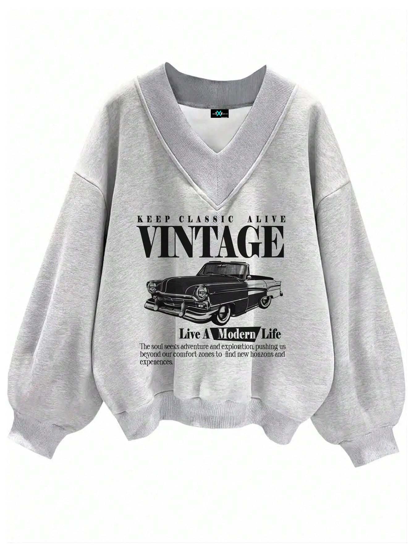 Comfort in Paris Printed V Neck Letter Graphic Drop Shoulder Grey Baggy Oversized Sweatshirt-image-49