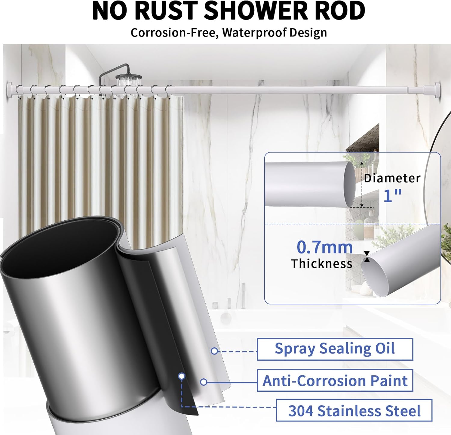 Shower Curtain Rod 36-98 Inches (3-8.2ft) Non Rust Adjustable White Shower Rod Spring Tension Non Slip No Drilling Stainless Steel Shower Rods for Bathroom Window