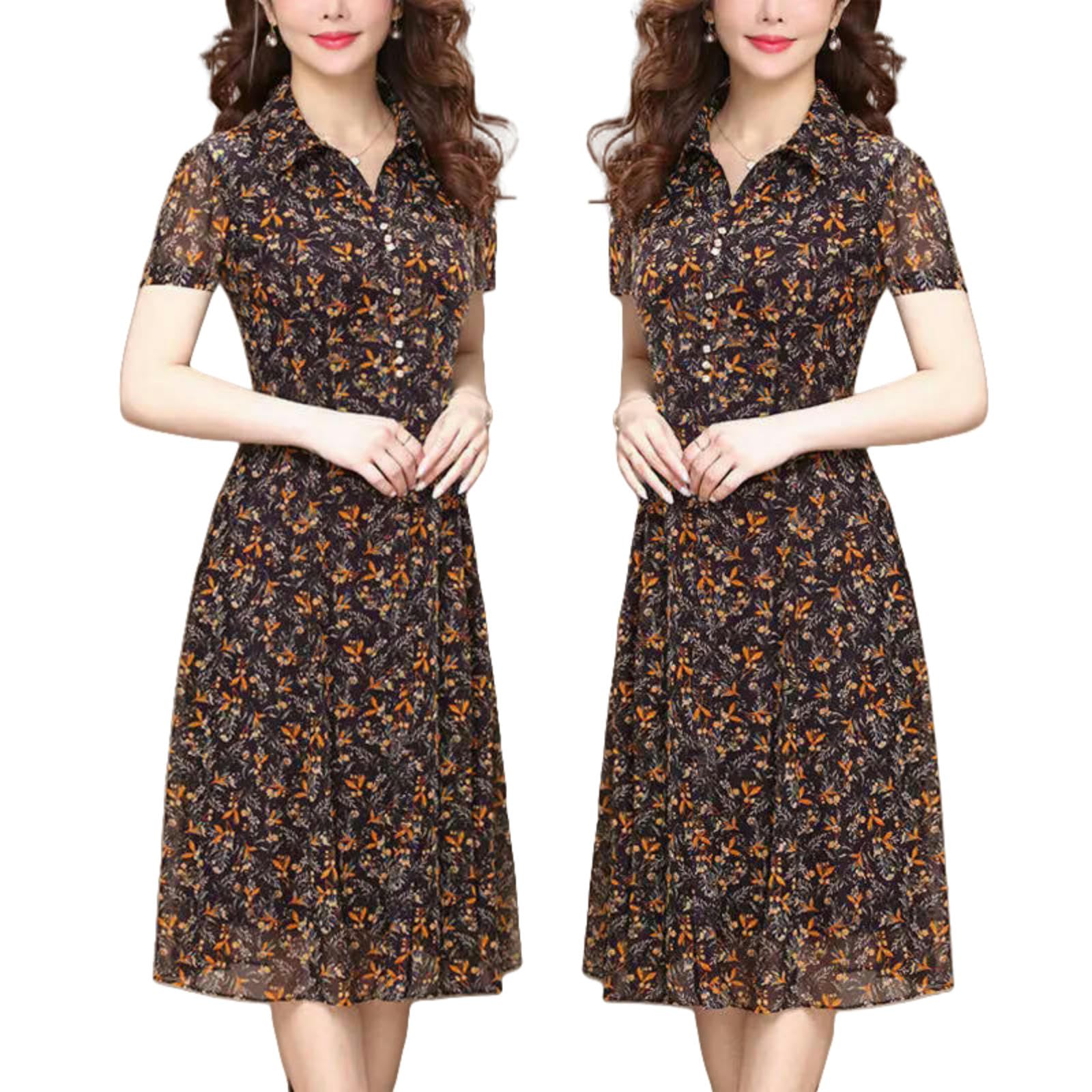 Vestiti a Maniche Lunghe Abito Floreale da Donna, Elegante Midi Collare Chiusura, Abbottonato Slim Casual Estivo, Abita di Tutti I Giorni, Moda Femminile-Manica Corta-l