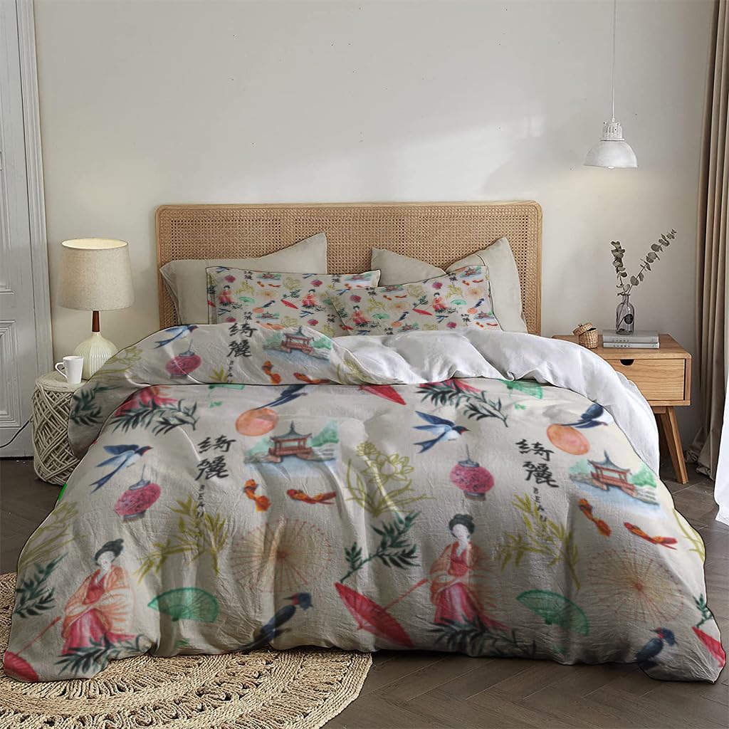 Duvet Cover Asia Kimono Girl Birds Bamboo Sakura Soft & Breathable, Durable Comfy Bedding Set for All Seasons
