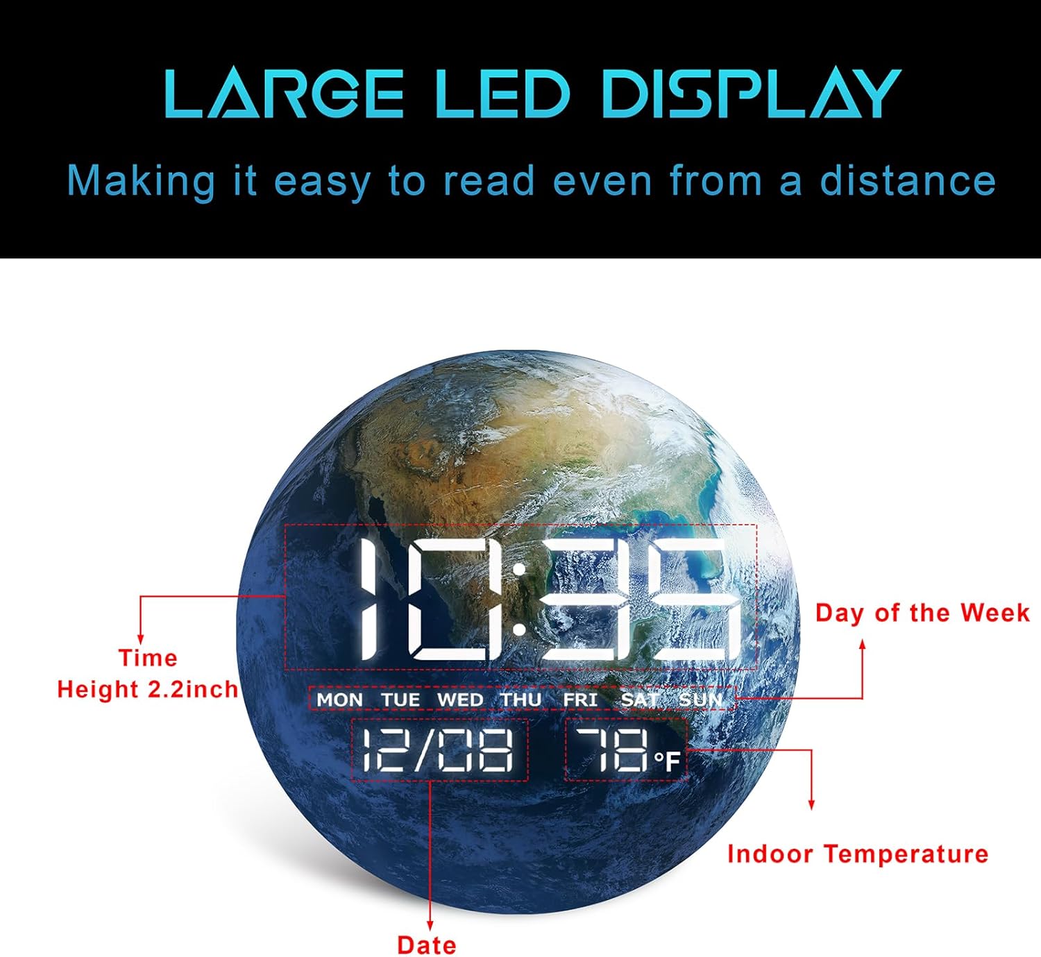Digital Desk & Shelf Clock, LED Moon/Earth Design, Temperature Display, 7.87 x 7.87 inches (Earth, 7.87 INCH)