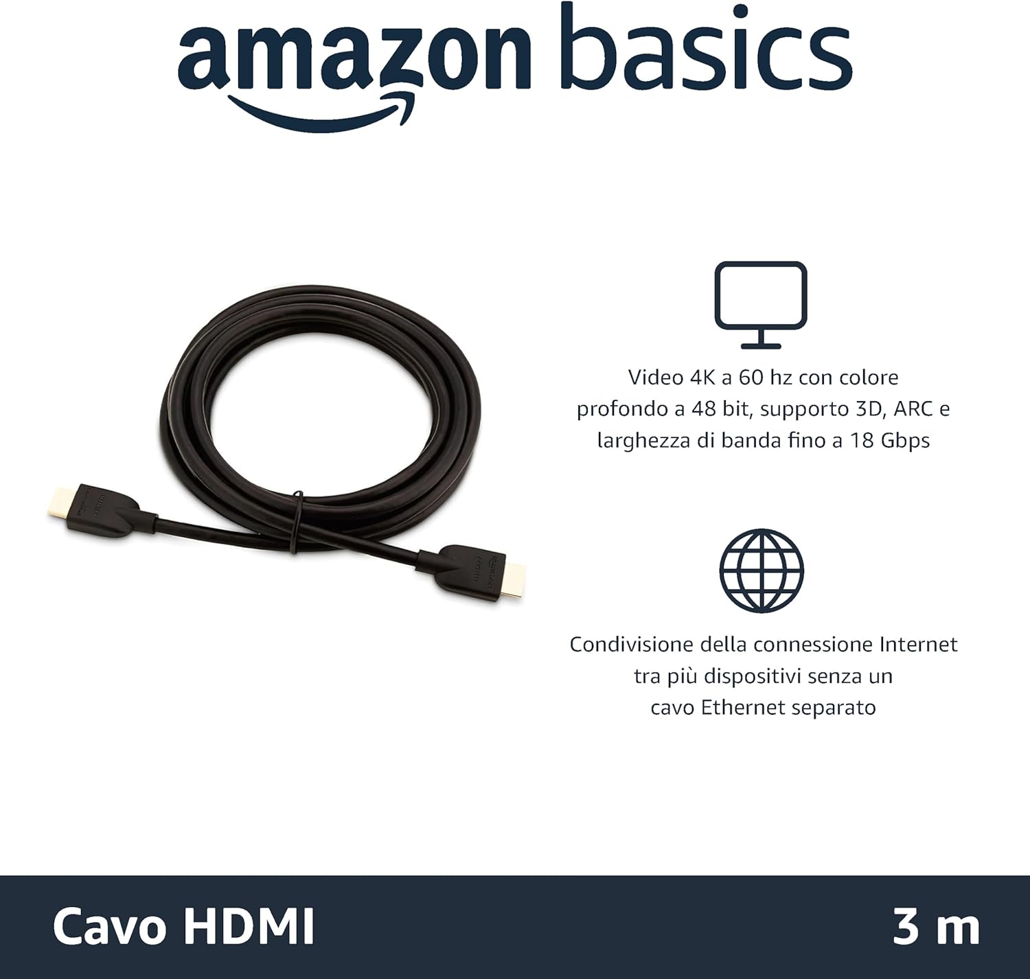 Amazon Basics Cavo Ultra HD HDMI 2.0 ad alta velocità, formati 3D supportati, con Audio Return Channel, 3 m, Nero 3 m Single Single - Immagine 2