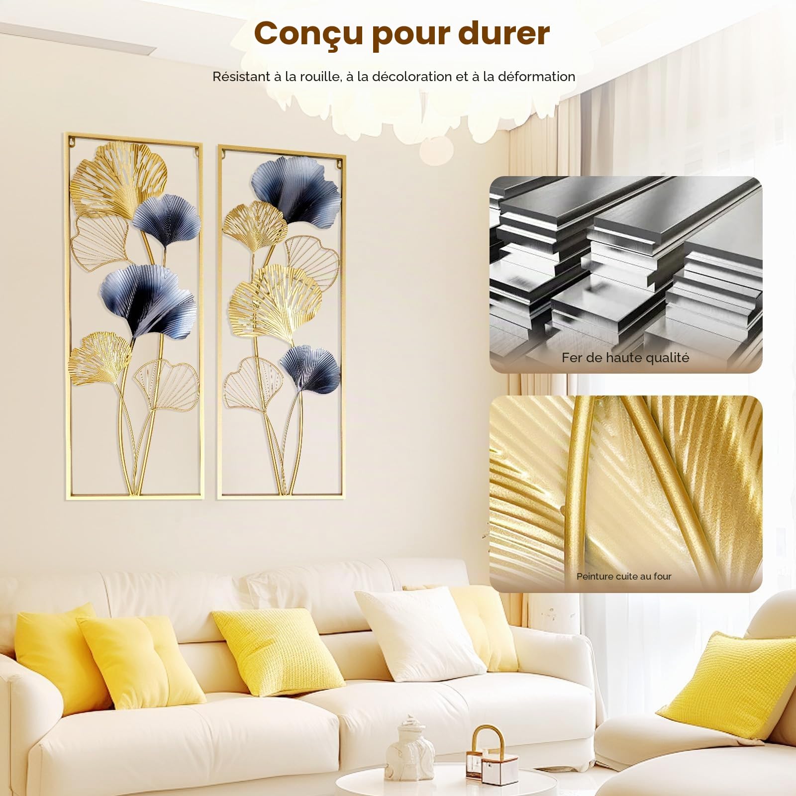 Biggittig Lot de 2 décorations murales 3D en métal - Motif feuilles de ginkgo - Pour la maison, la chambre à coucher, le bureau, etc - Doré - 85 x 31 x 5 cm