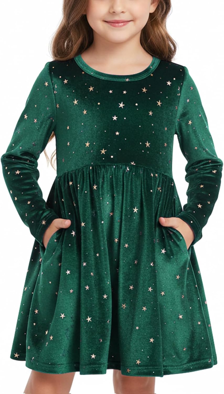 Valcatch Toddler Christmas Dress Girls Long Sleeve Velvet Dress with Pockets Fall Winter Holiday Birthday Party Dresses
