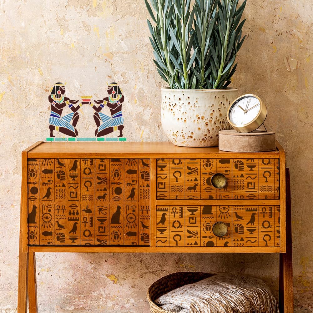 FINGERINSPIRE 4 Pcs Egypt Painting Stencil Set - 8.3x11.7inch Egyptian Writing, Pharaoh, Scarab, Tutankhamun Face Cover & Eye of Horus Templates for DIY Crafts on Wood, Wall, Fabric, Furniture