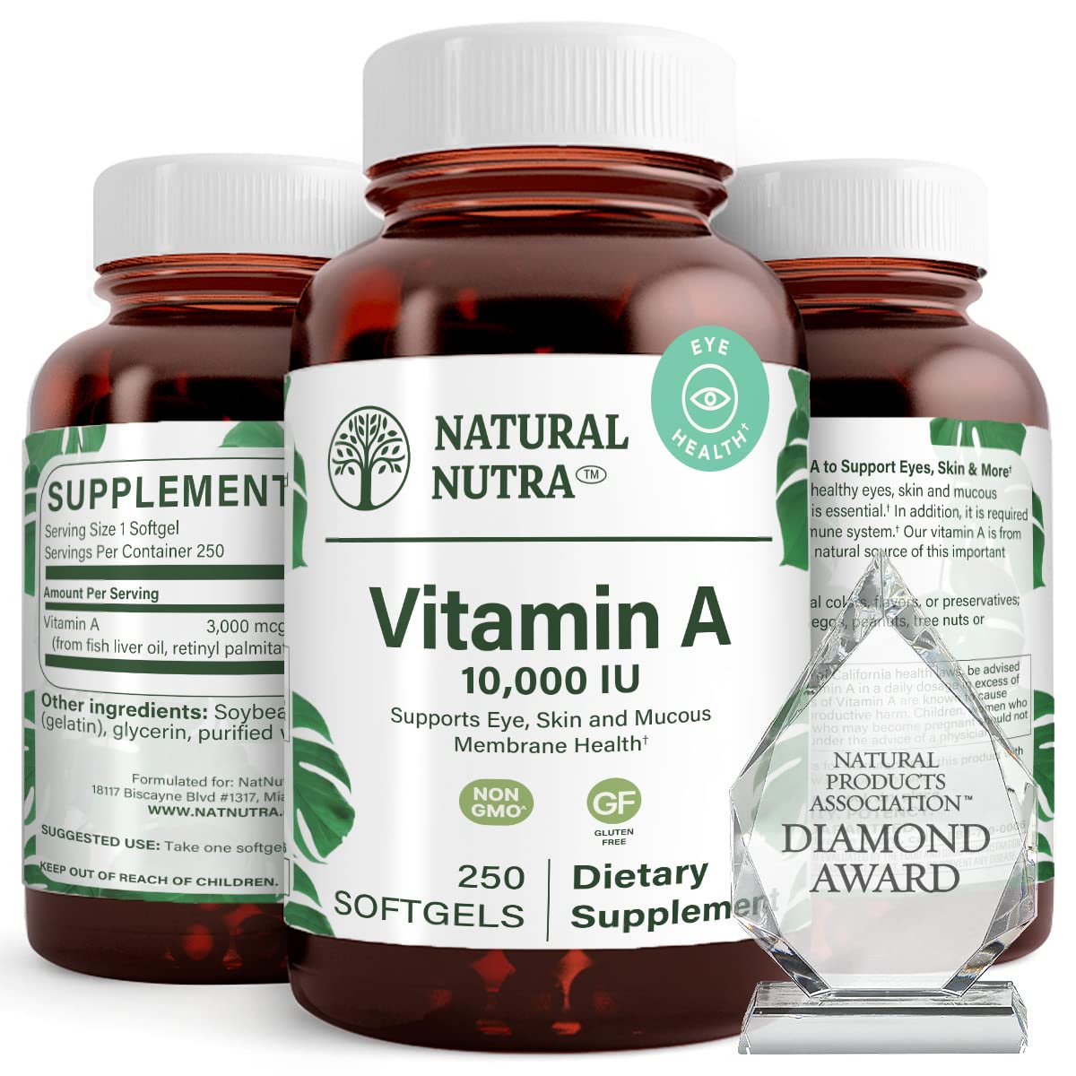 Natural Nutra Vitamin A 10,000 IU Softgels – High Potency Eye and Skin Vitamins – Gluten-Free Vitamin A Supplement for Sight & Skin Health – Fish Liver Oil for Men and Women, Gluten Free, 250 Softgels
