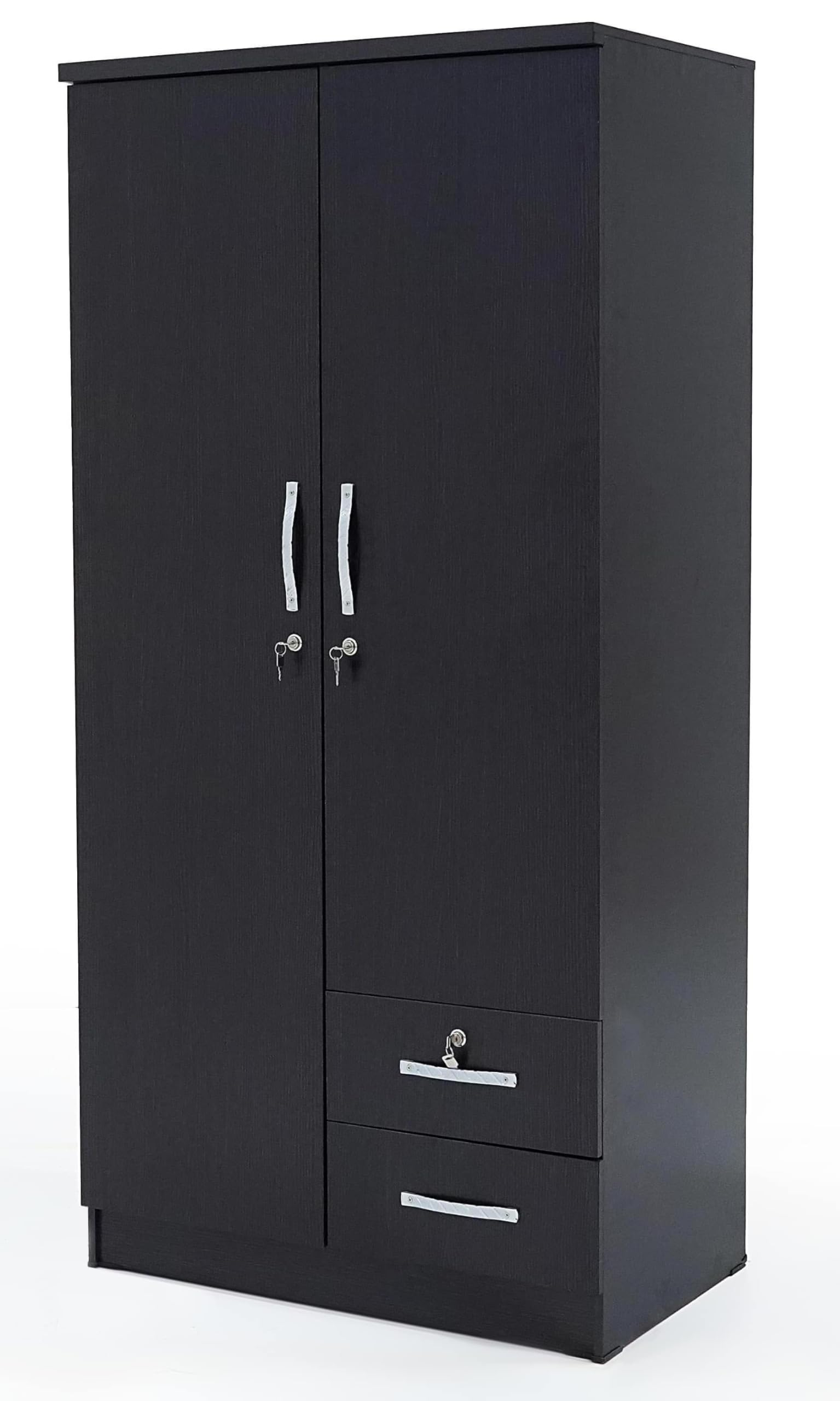 Two Door Wooden Wardrobe/Locker/Storage/Cabinet,Two Lockable Door & Two Lockable Drawers, Plain Elegant Design With 3 Shelves 190X90X55 Cm Oak