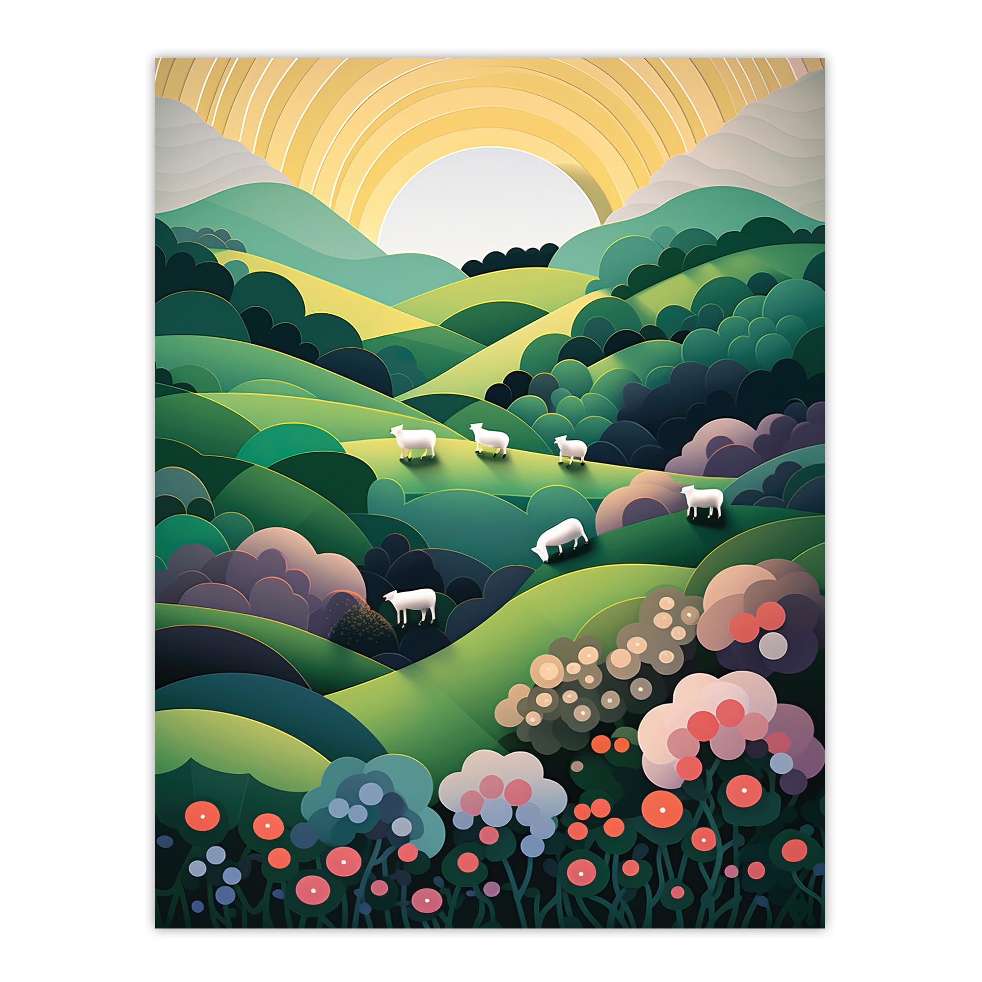 Artery8 Valley Of The Sheep Modern Digital Aesthetic Sunrise English Countryside Simple Flat Extra Large XL Wall Art Poster Print