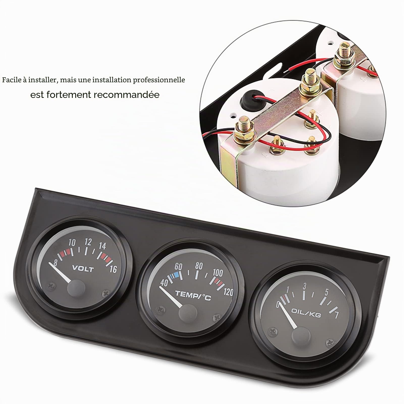 Kit de Jauge Triple, 12V 52mm en Acier Inoxydable, 3 EN 1 Voltmètre, Jauge de Température d'eau, Jauge de Pression d'huile avec Capteur pour Voitures, Camions, Tracteurs, Moteurs Marins (Noir)