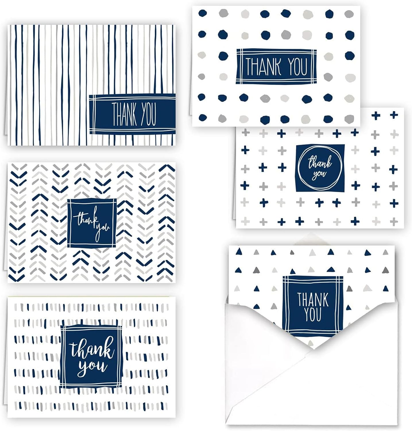 Canopy Street Navy Patterns Thank You Folded Cards / 36 Blue Grey White Thanks Cards With White Envelopes / 6 Gratitude Designs / 3 1/2'' x 4 7/8'' Appreciation Cards/Baby Shower Gratitude Card Pack