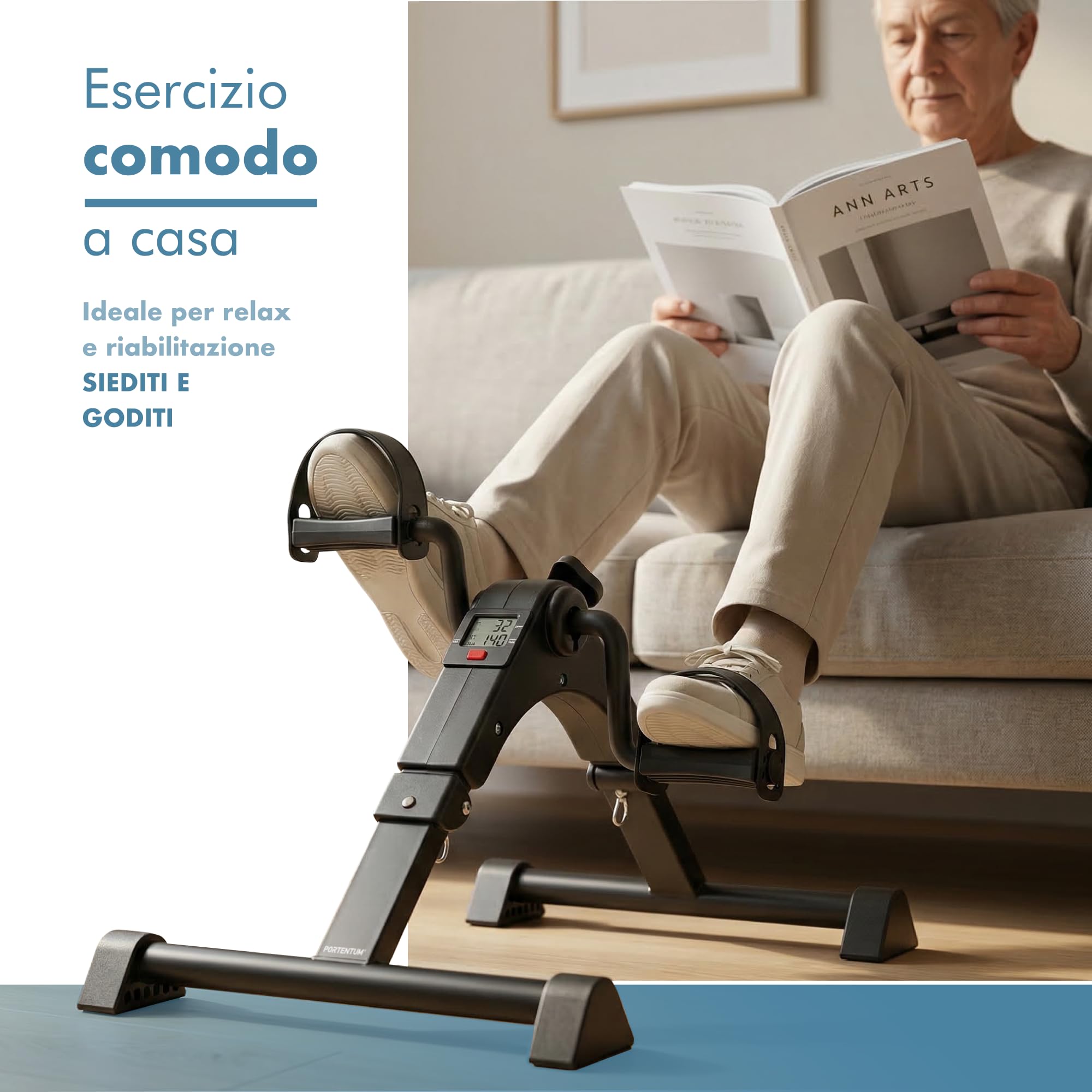 PORTENTUM Pedaliera riabilitazione per anziani con base migliorata e tappetino antiscivolo – Pieghevole – Schermo LCD – Mini cyclette da seduta braccia e gambe compatta con resistenza regolabile