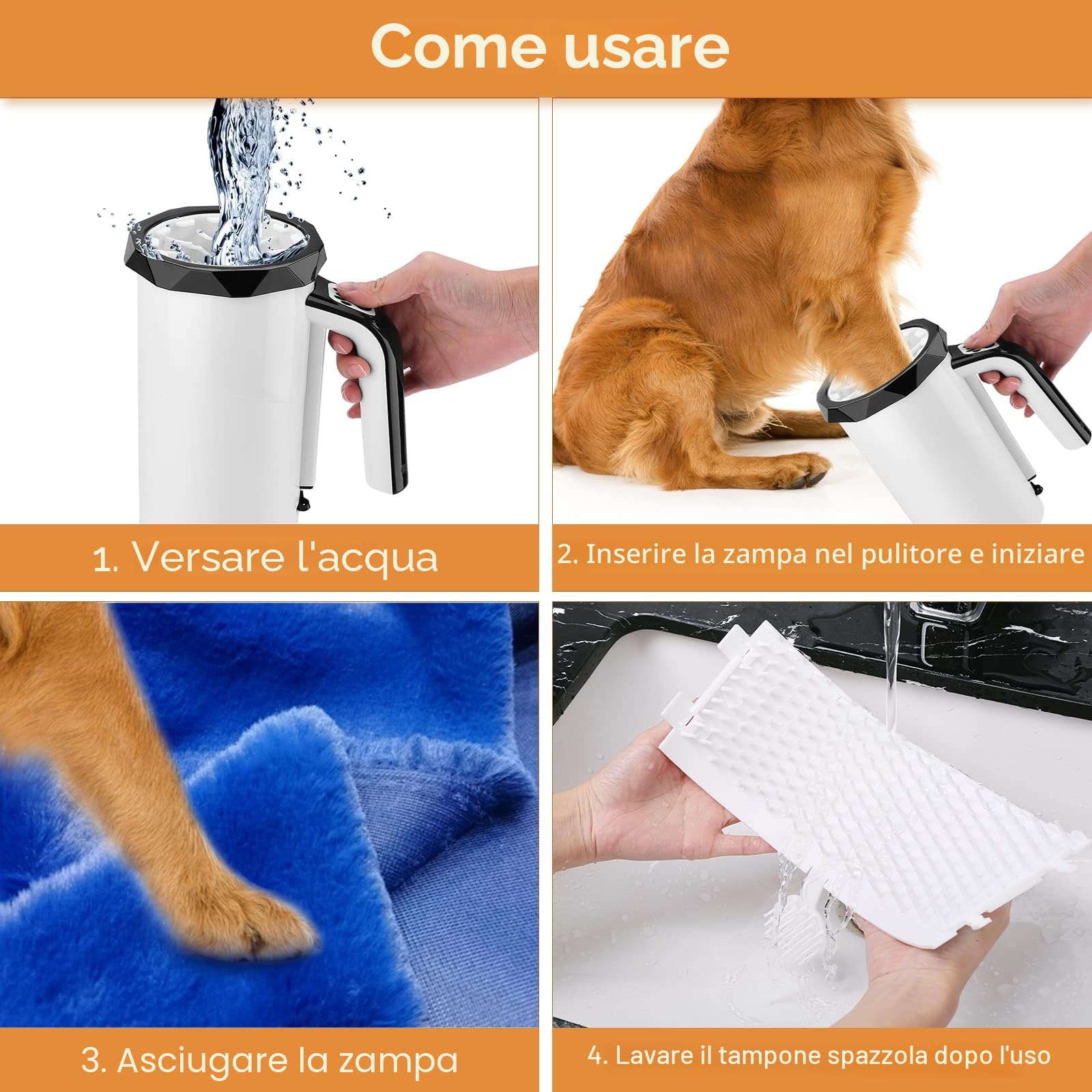 MYPIN Pulisci Zampa Cane, 2 en 1 Lavazampe per Cani Elettrico Portatile 7.4V 2400mAh Ricaricabile con Spazzola Rimovibile in Morbido Ailicone per Lavare Piedi di Cani e Gatti (nero)